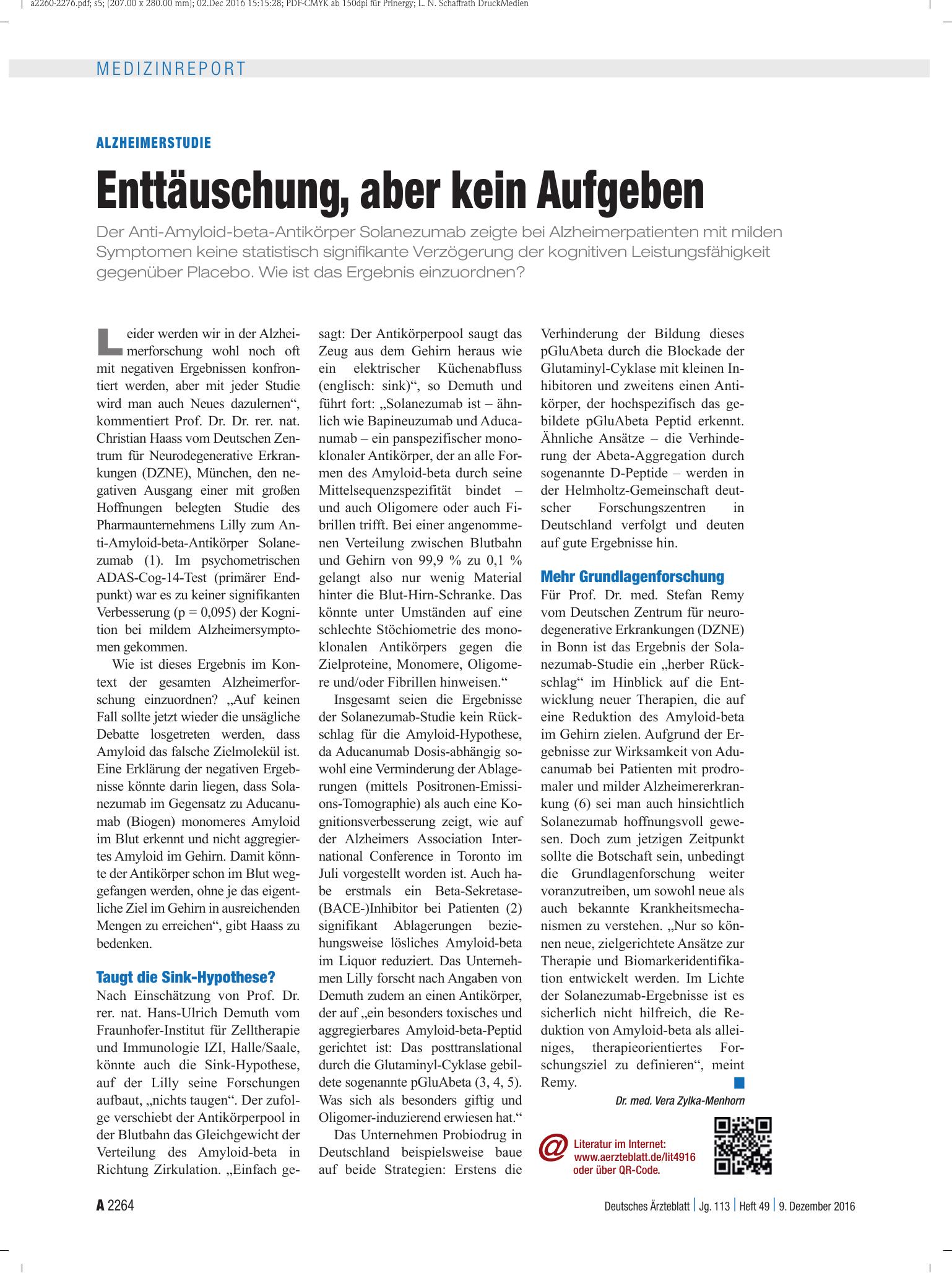Vorschauseite 1: Alzheimerstudie: Enttäuschung, aber kein Aufgeben – Deutsches Ärzteblatt