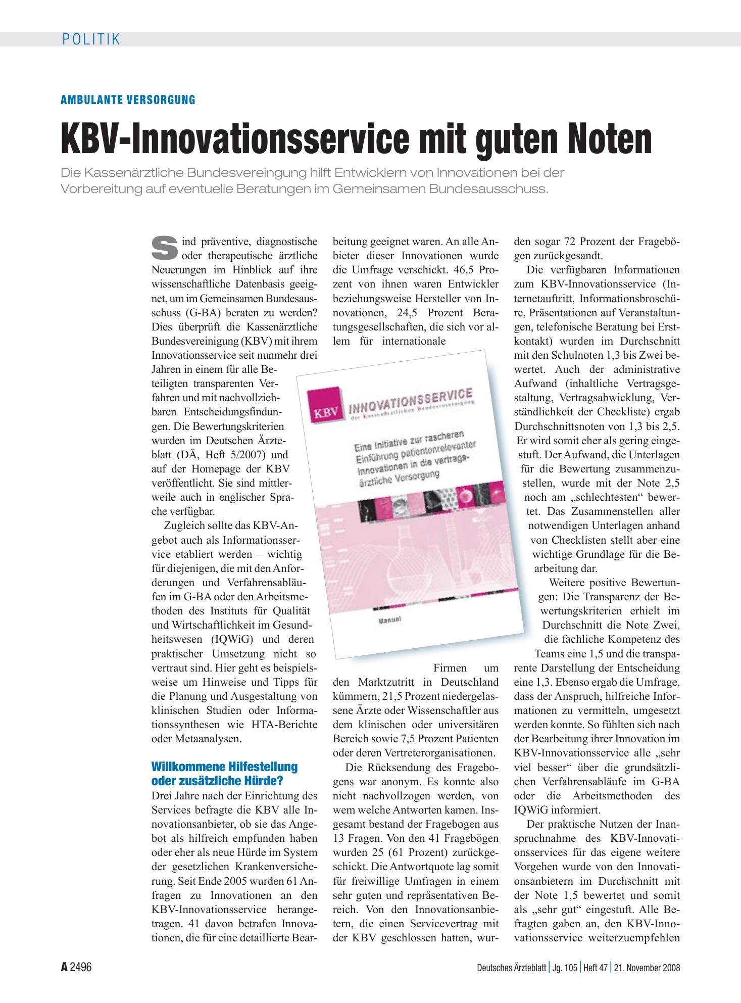 Vorschauseite 1: Ambulante Versorgung: KBV-Innovationsservice mit guten Noten – Deutsches Ärzteblatt