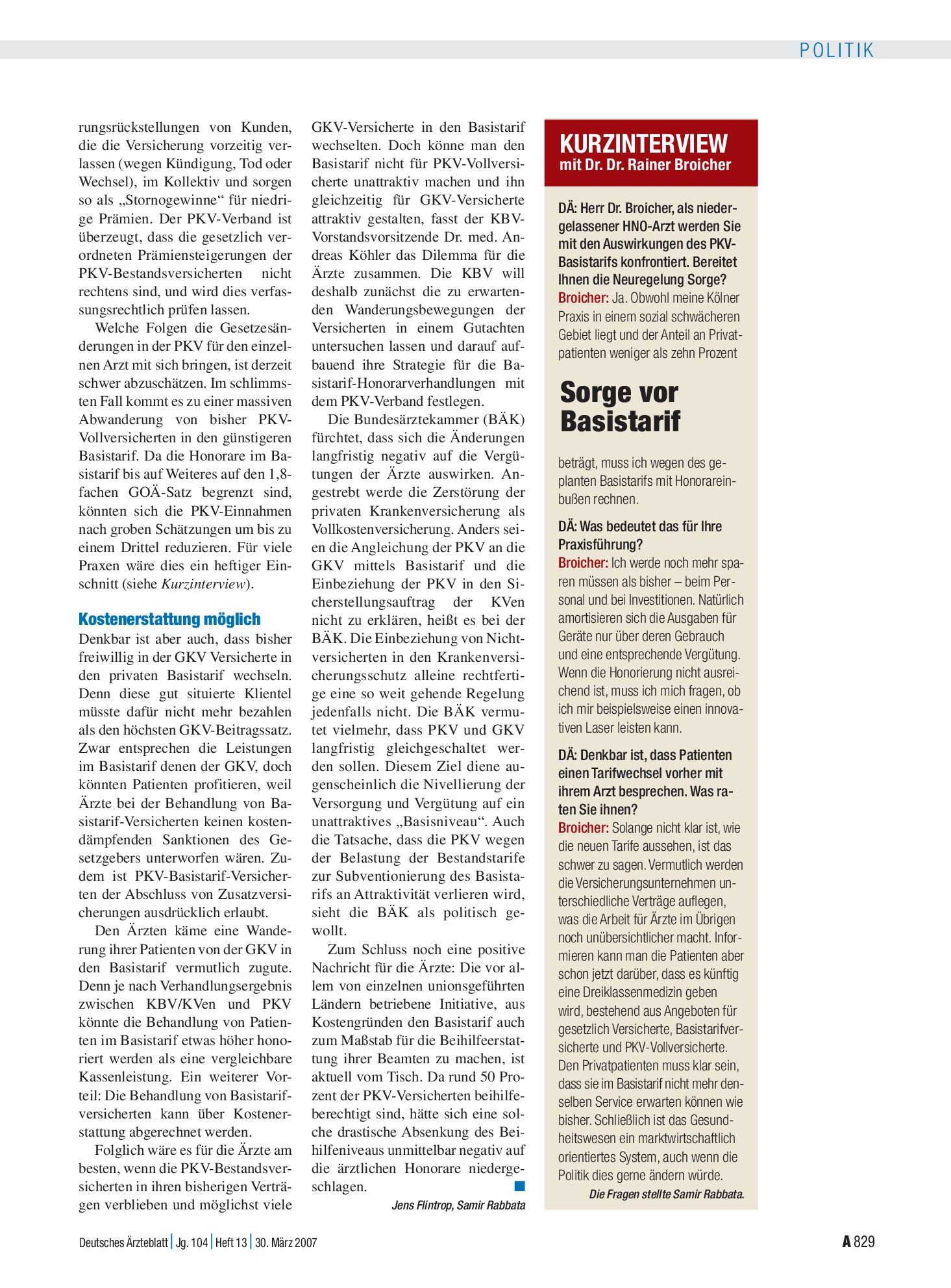 Vorschauseite 1: Kurzinterview mit Dr. Dr. Rainer Broicher: Sorge vor Basistarif – Deutsches Ärzteblatt