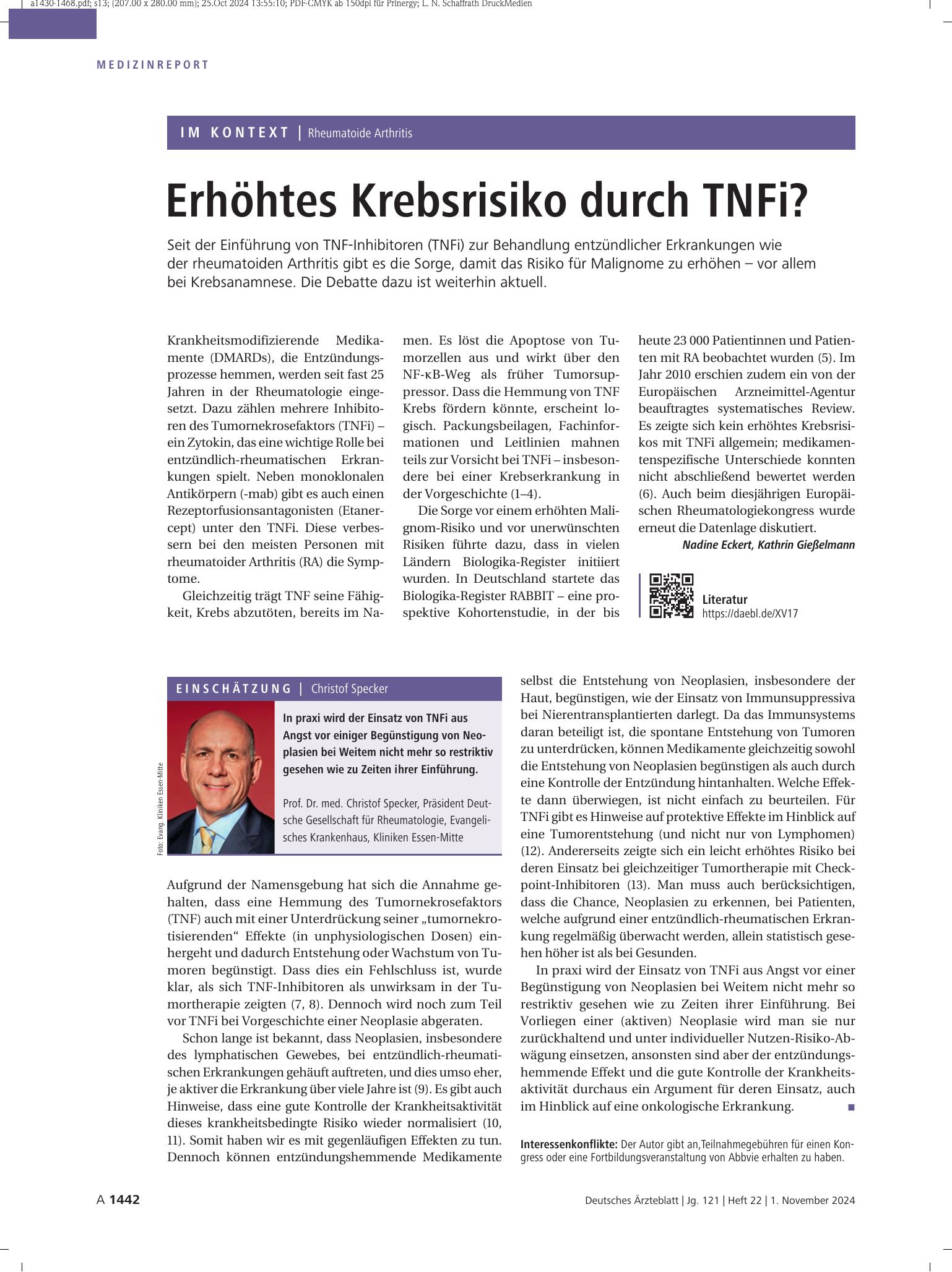 Vorschauseite 1: Rheumatoide Arthritis: Erhöhtes Krebsrisiko durch TNFi? – Deutsches Ärzteblatt