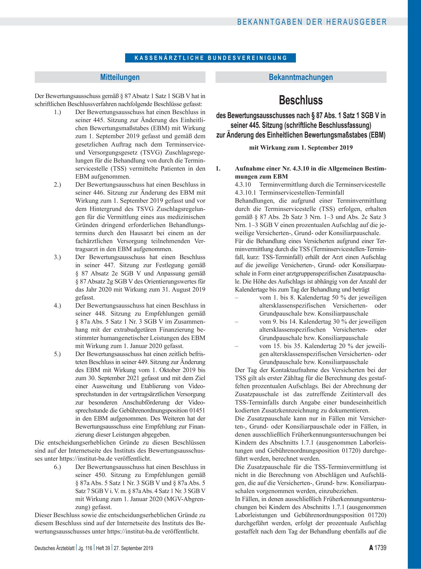 Vorschauseite 1: Beschluss des Bewertungsausschusses nach § 87 Abs. 1 Satz 1 SGB V in seiner 445. Sitzung bis 449. Sitzung – Deutsches Ärzteblatt