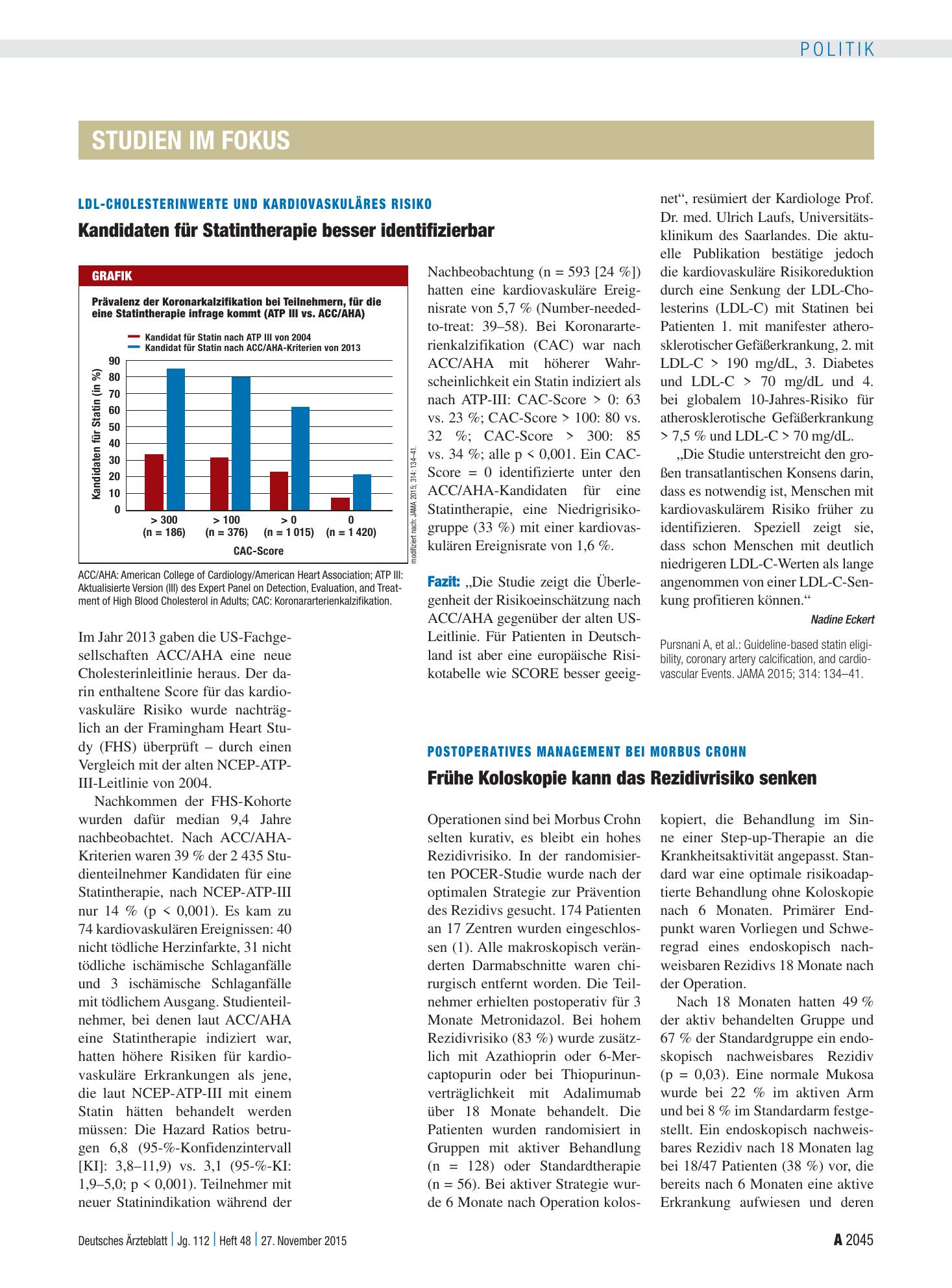 Vorschauseite 1: LDL-Cholesterinwerte und Kardiovaskuläres Risiko: Kandidaten für Statintherapie besser identifizierbar – Deutsches Ärzteblatt