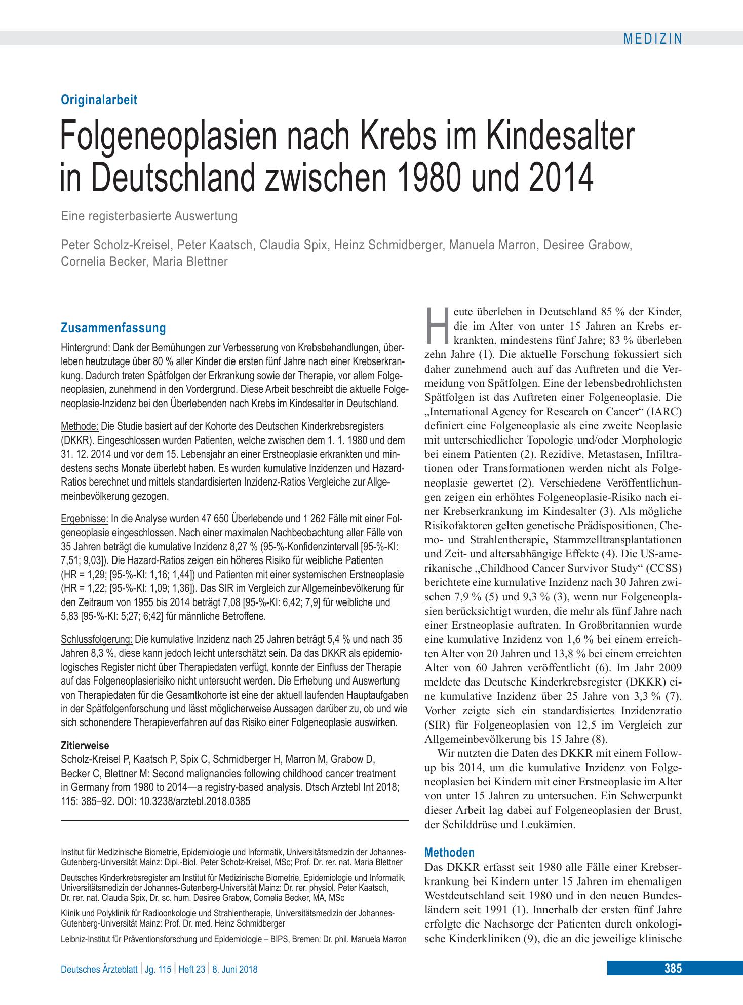 Vorschauseite 1: Folgeneoplasien nach Krebs im Kindesalter in Deutschland zwischen 1980 und 2014 – Deutsches Ärzteblatt