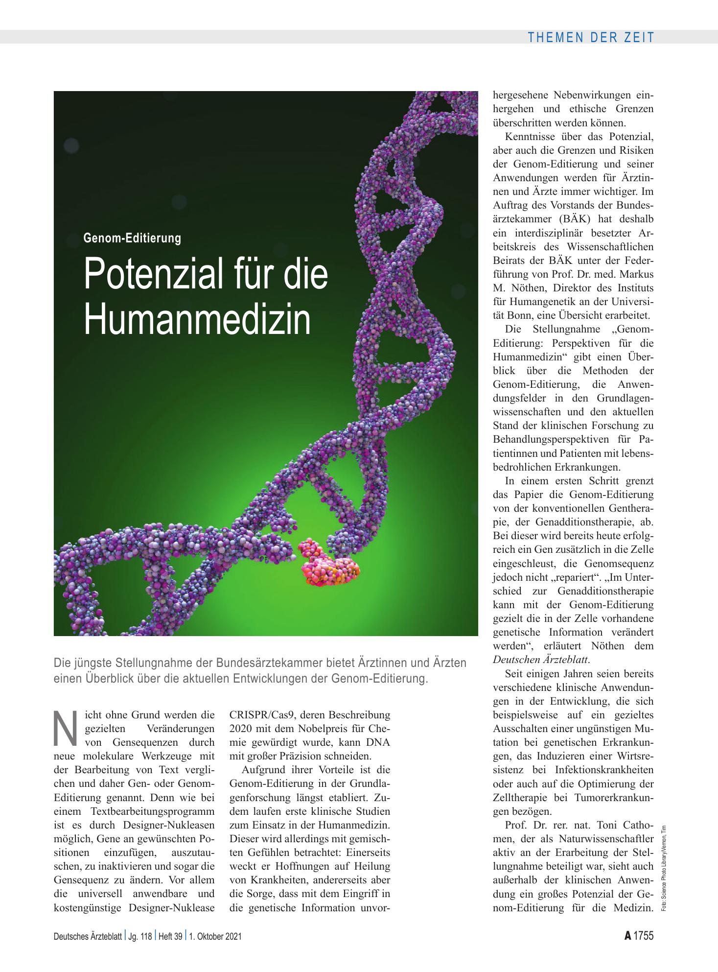 Vorschauseite 1: Genom-Editierung: Potenzial für die Humanmedizin – Deutsches Ärzteblatt