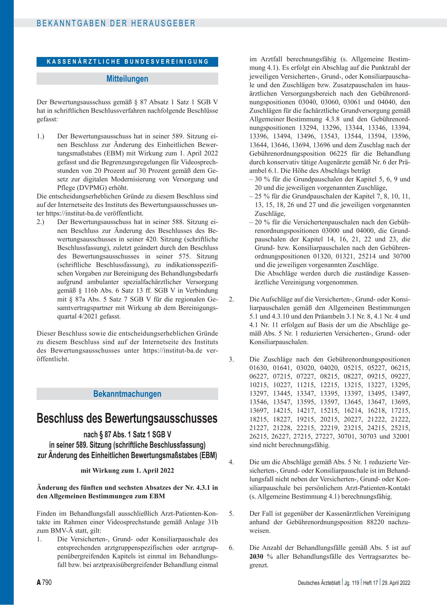 Vorschauseite 1: Beschluss des Bewertungsausschusses nach § 87 Abs. 1 Satz 1 SGB V in seiner 589. Sitzung (schriftliche Beschlussfassung) zur Änderung des Einheitlichen Bewertungsmaßstabes (EBM) –…