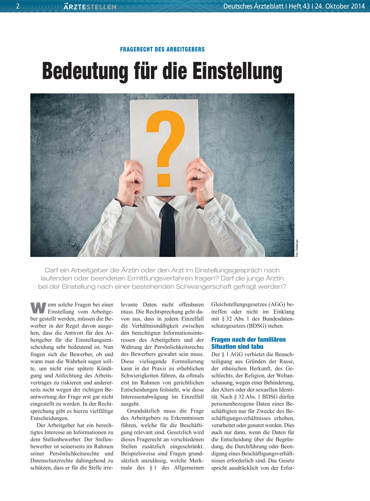 Vorschauseite 1: Fragerecht des Arbeitgebers: Bedeutung für die Einstellung – Deutsches Ärzteblatt