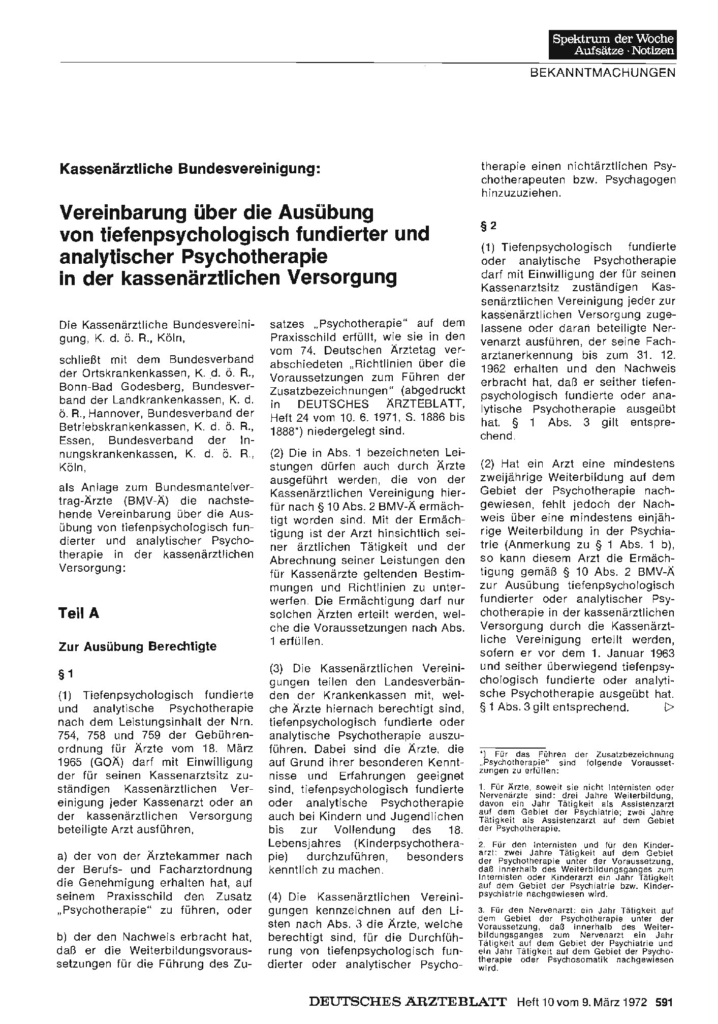 Vorschauseite 1: Kassenärztliche Bundesvereinigung: Vereinbarung über die Ausübung von tiefenpsychologisch fundierter und analytischer Psychotherapie in der kassenärztlichen Versorgung