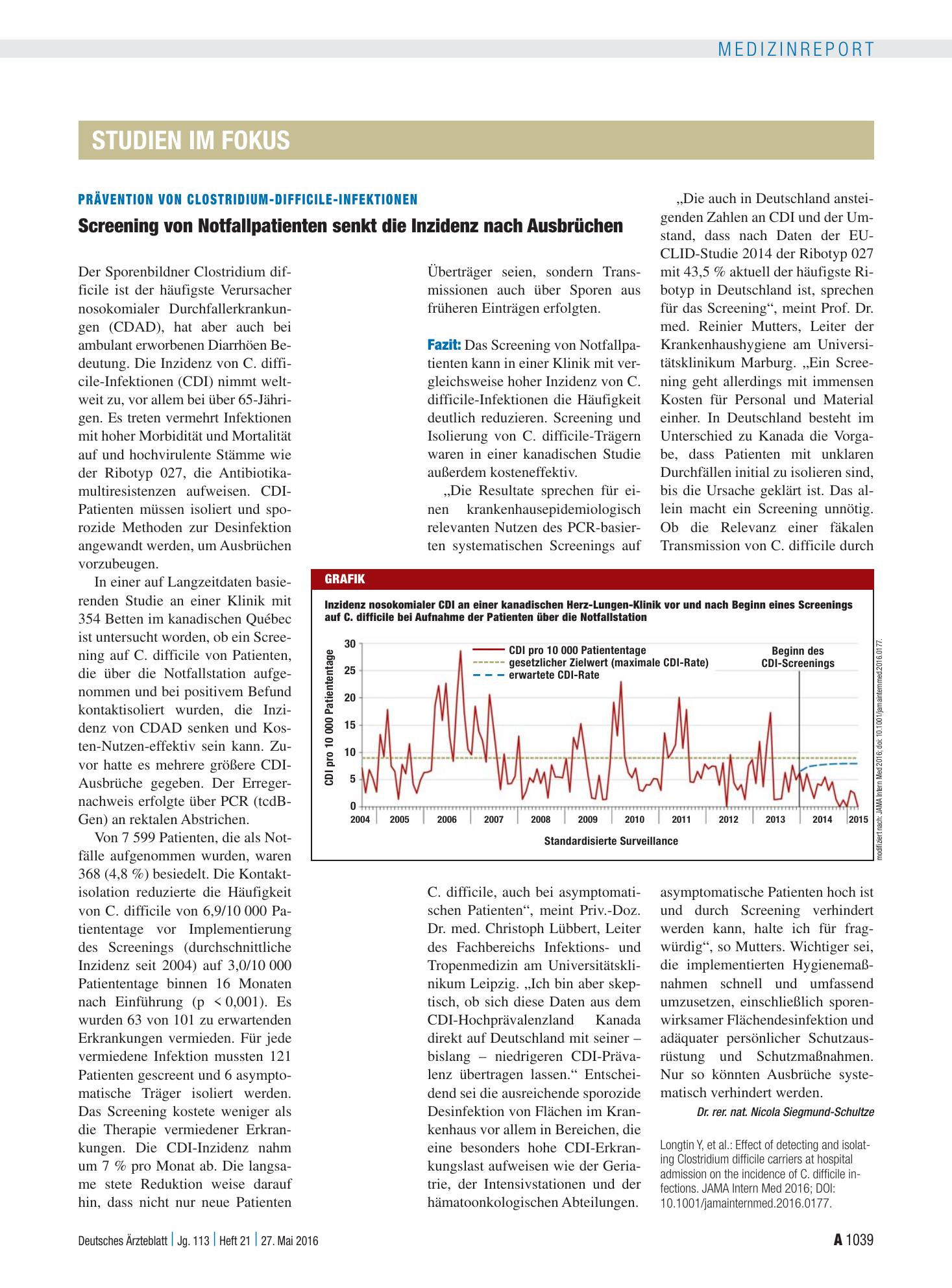Vorschauseite 1: Prävention von Clostridium-difficile-Infektionen: Screening von Notfallpatienten senkt die Inzidenz nach Ausbrüchen – Deutsches Ärzteblatt