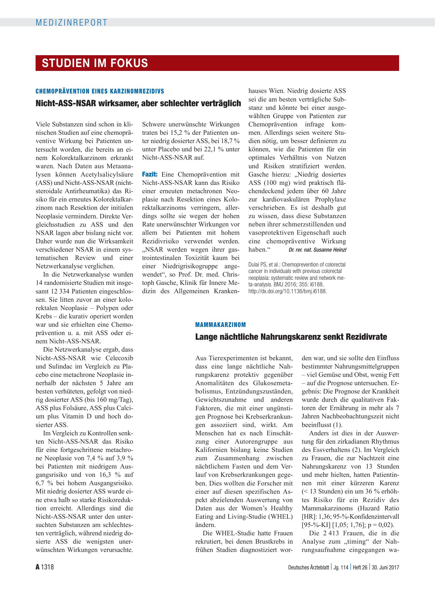 Vorschauseite 1: Chemoprävention eines Karzinomrezidivs: Nicht-ASS-NSAR wirksamer, aber schlechter verträglich – Deutsches Ärzteblatt