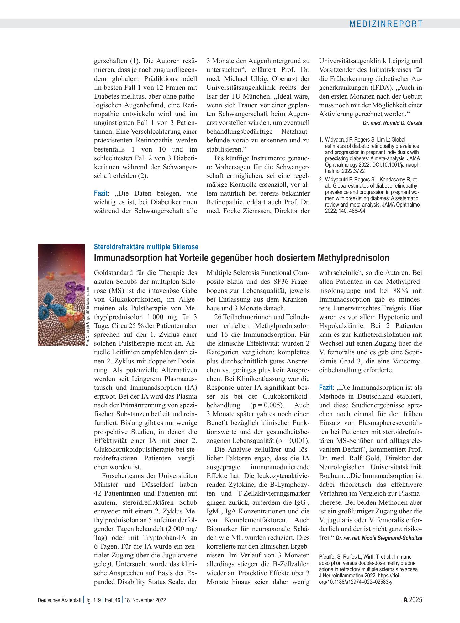 Vorschauseite 1: Steroidrefraktäre multiple Sklerose: Immunadsorption hat Vorteile gegenüber hoch dosiertem Methylprednisolon – Deutsches Ärzteblatt