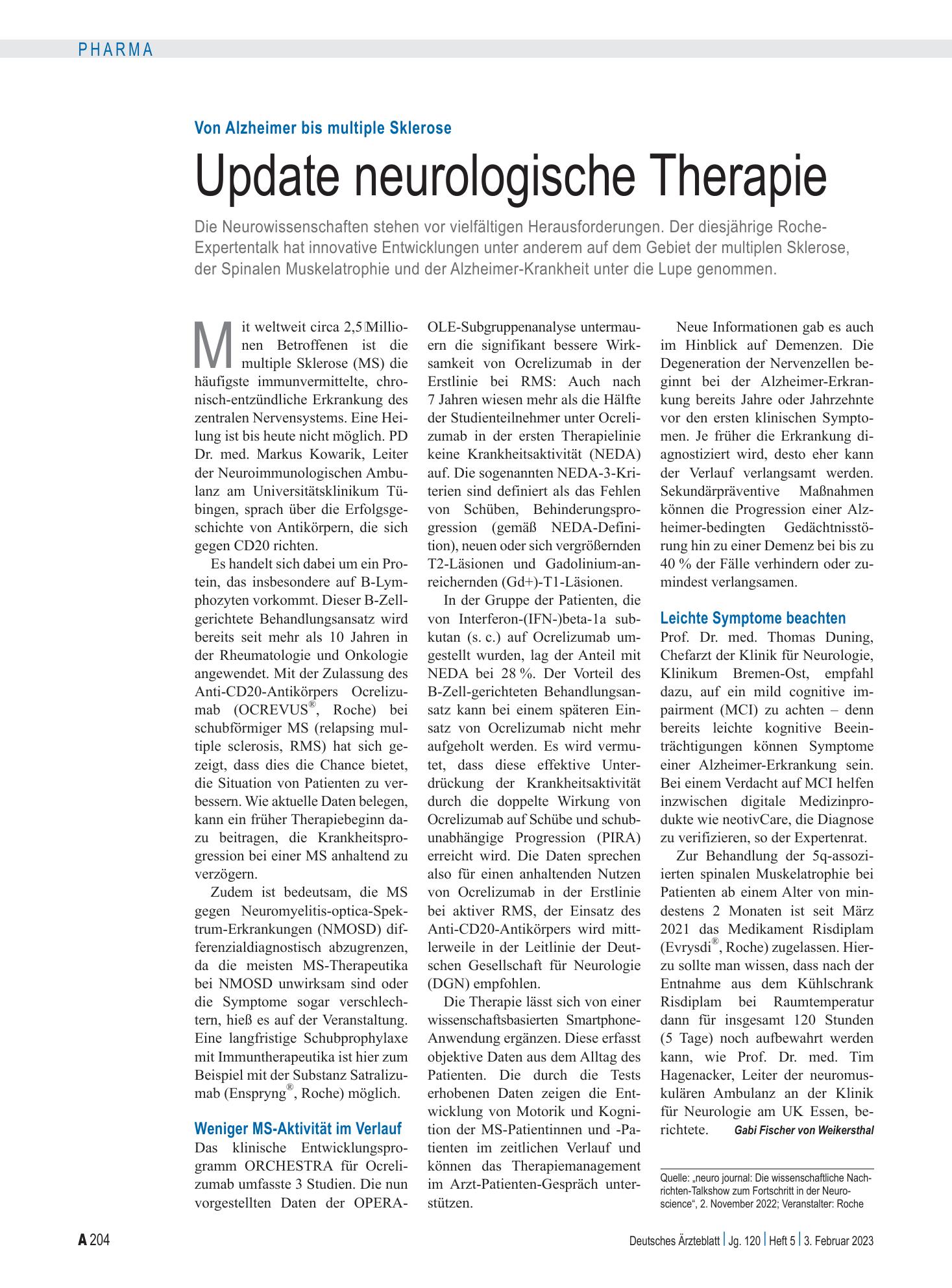 Vorschauseite 1: Von Alzheimer bis multiple Sklerose: Update neurologische Therapie – Deutsches Ärzteblatt