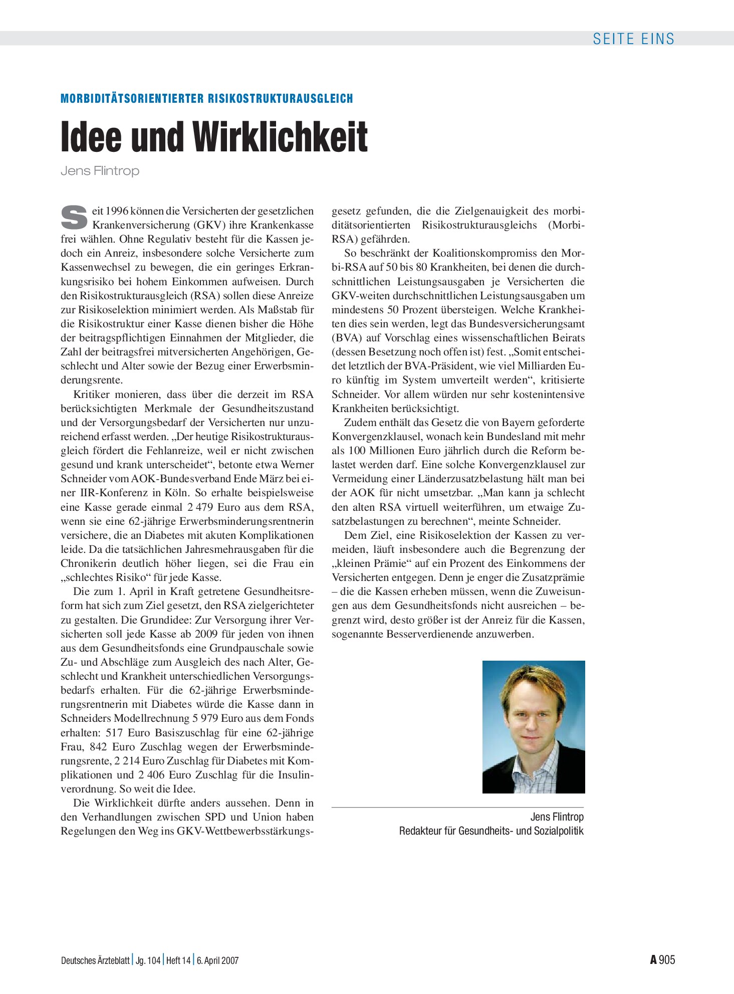 Vorschauseite 1: Morbiditätsorientierter Risikostrukturausgleich: Idee und Wirklichkeit – Deutsches Ärzteblatt
