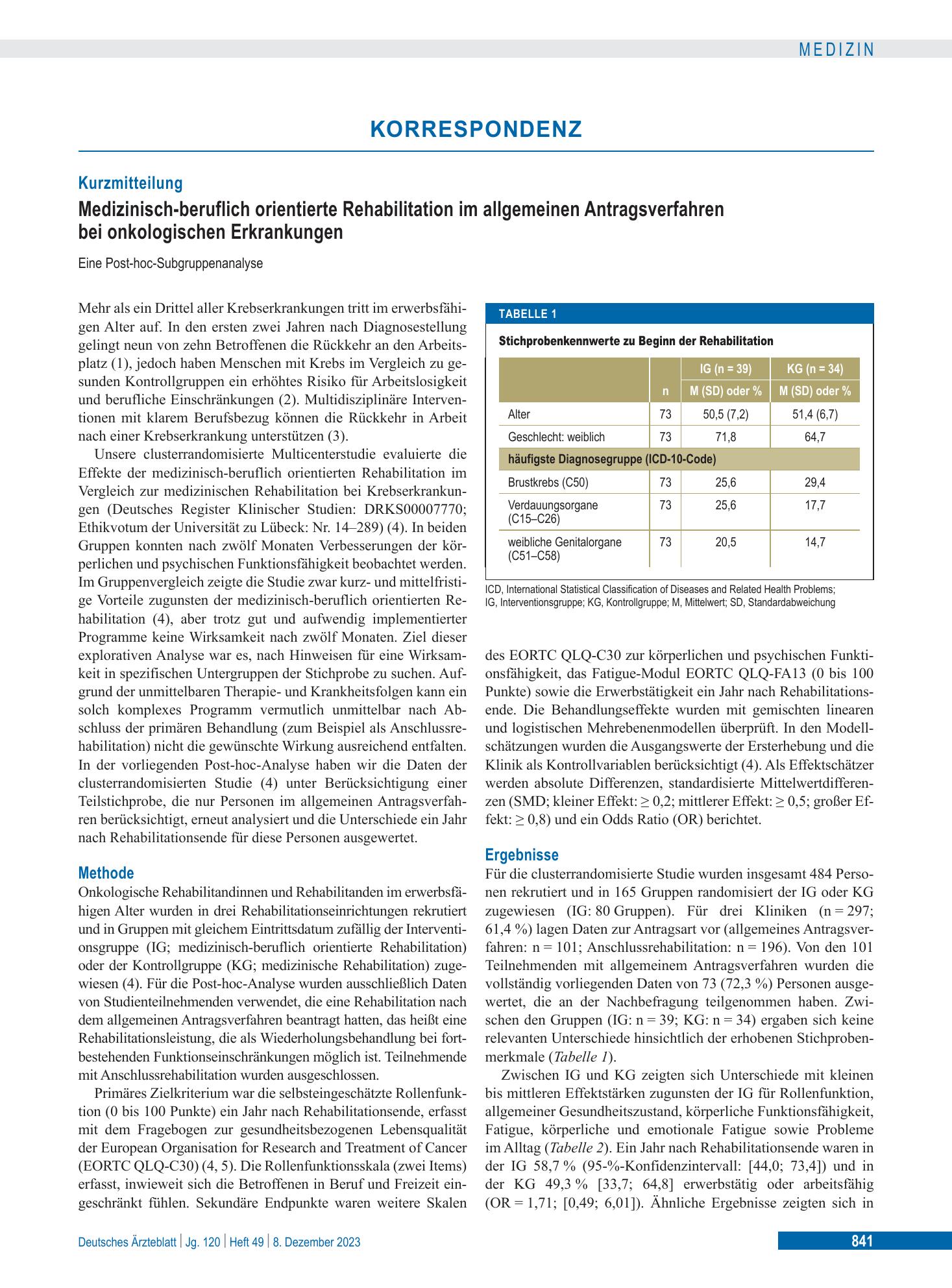 Vorschauseite 1: Medizinisch-beruflich orientierte Rehabilitation im allgemeinen Antragsverfahren bei onkologischen Erkrankungen – Deutsches Ärzteblatt