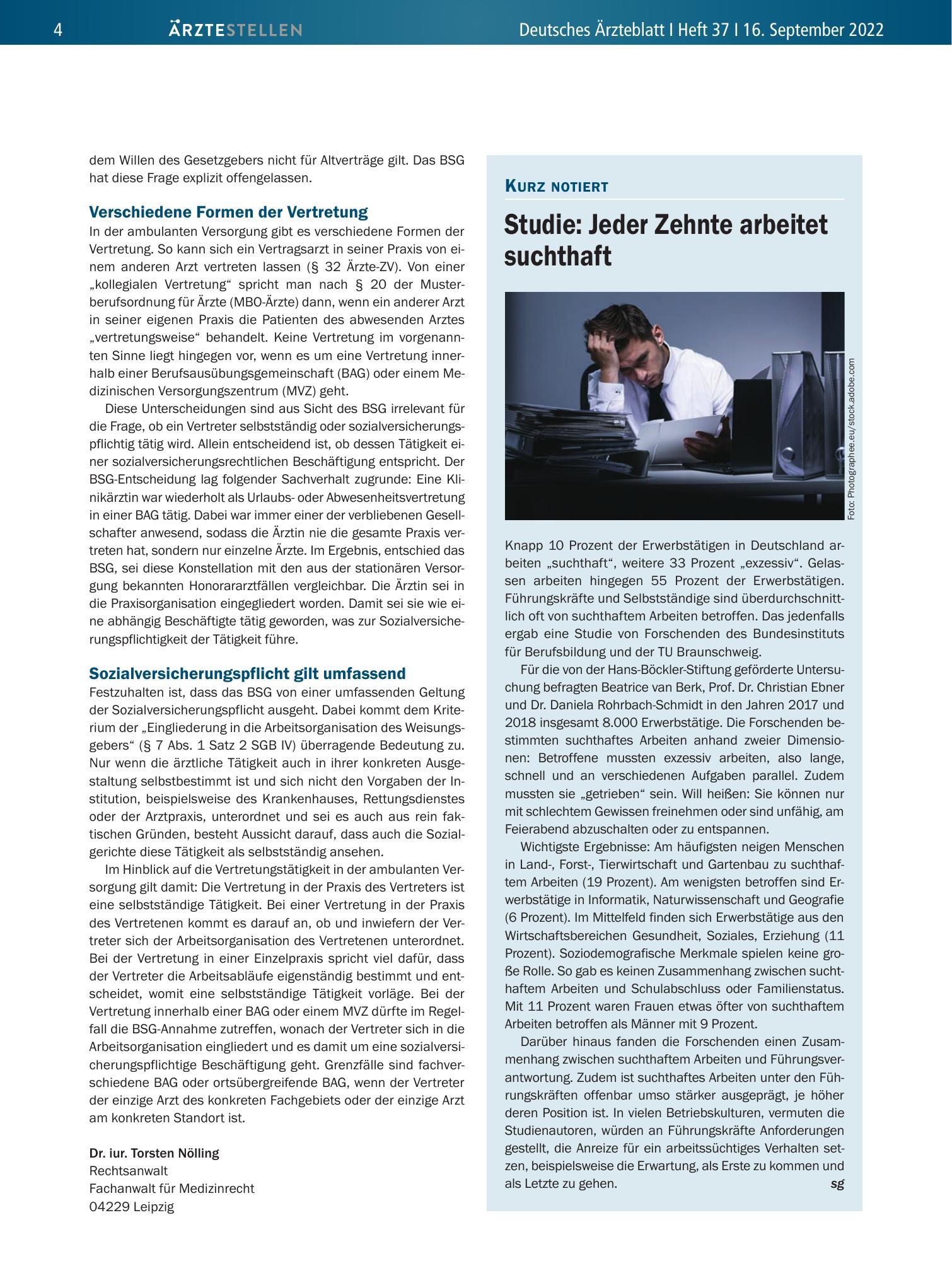 Vorschauseite 1: Studie: Jeder Zehnte arbeitet suchthaft – Deutsches Ärzteblatt