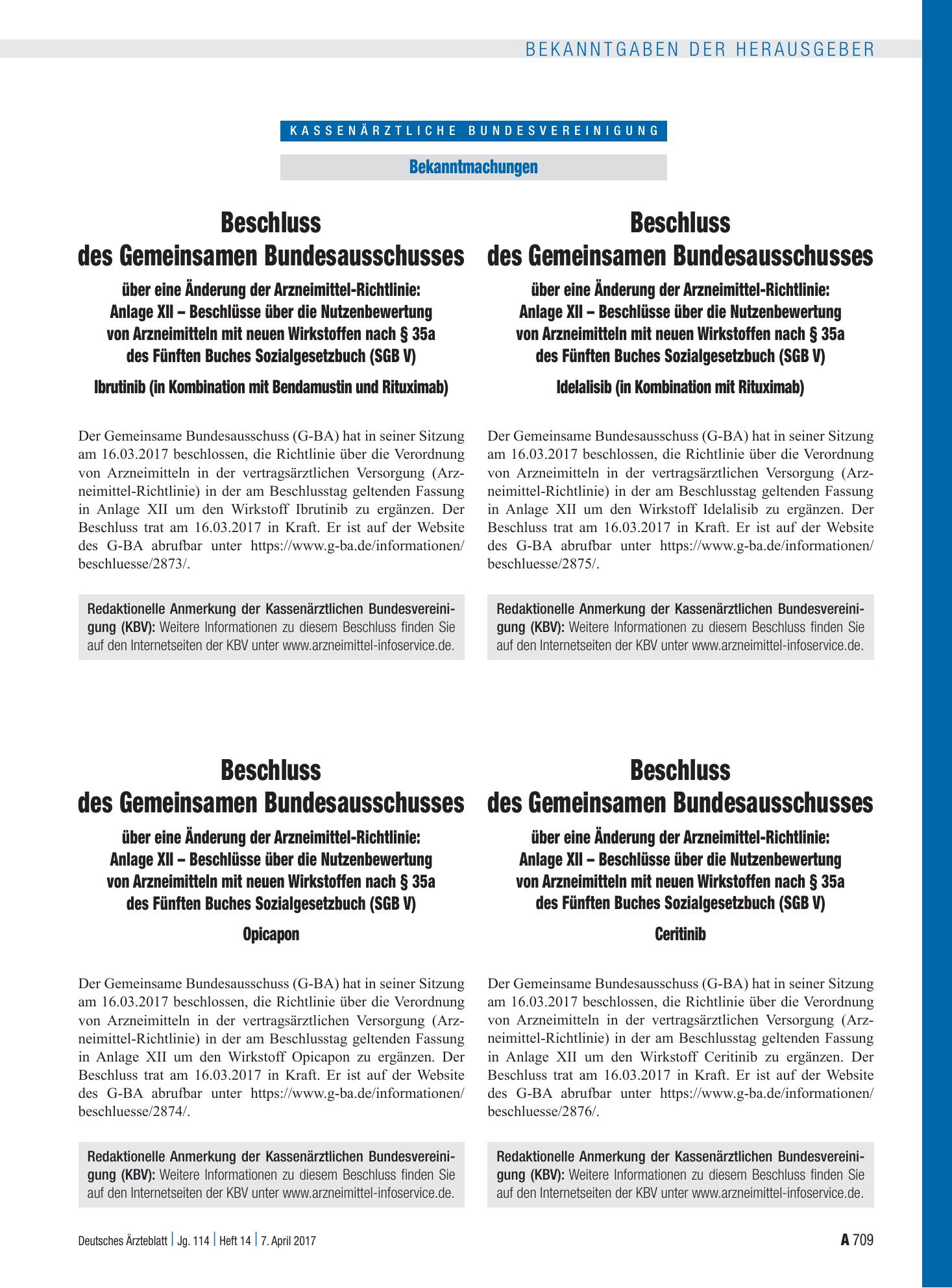 Vorschauseite 1: Beschluss des Gemeinsamen Bundesausschusses über eine Änderung der Arzneimittel-Richtlinie: Anlage XII – Ibrutinib (in Kombination mit Bendamustin und Rituximab) – Deutsches Ärzte…