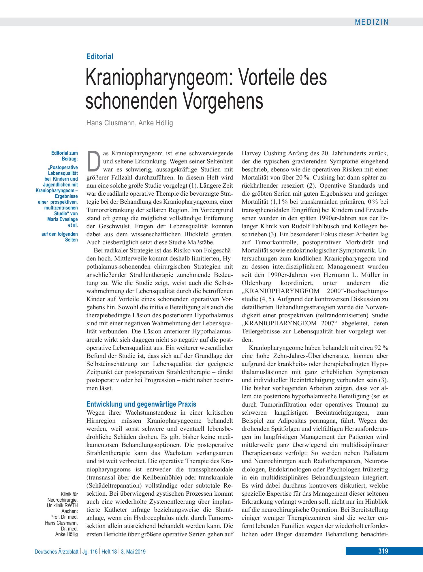 Vorschauseite 1: Kraniopharyngeom: Vorteile des schonenden Vorgehens – Deutsches Ärzteblatt