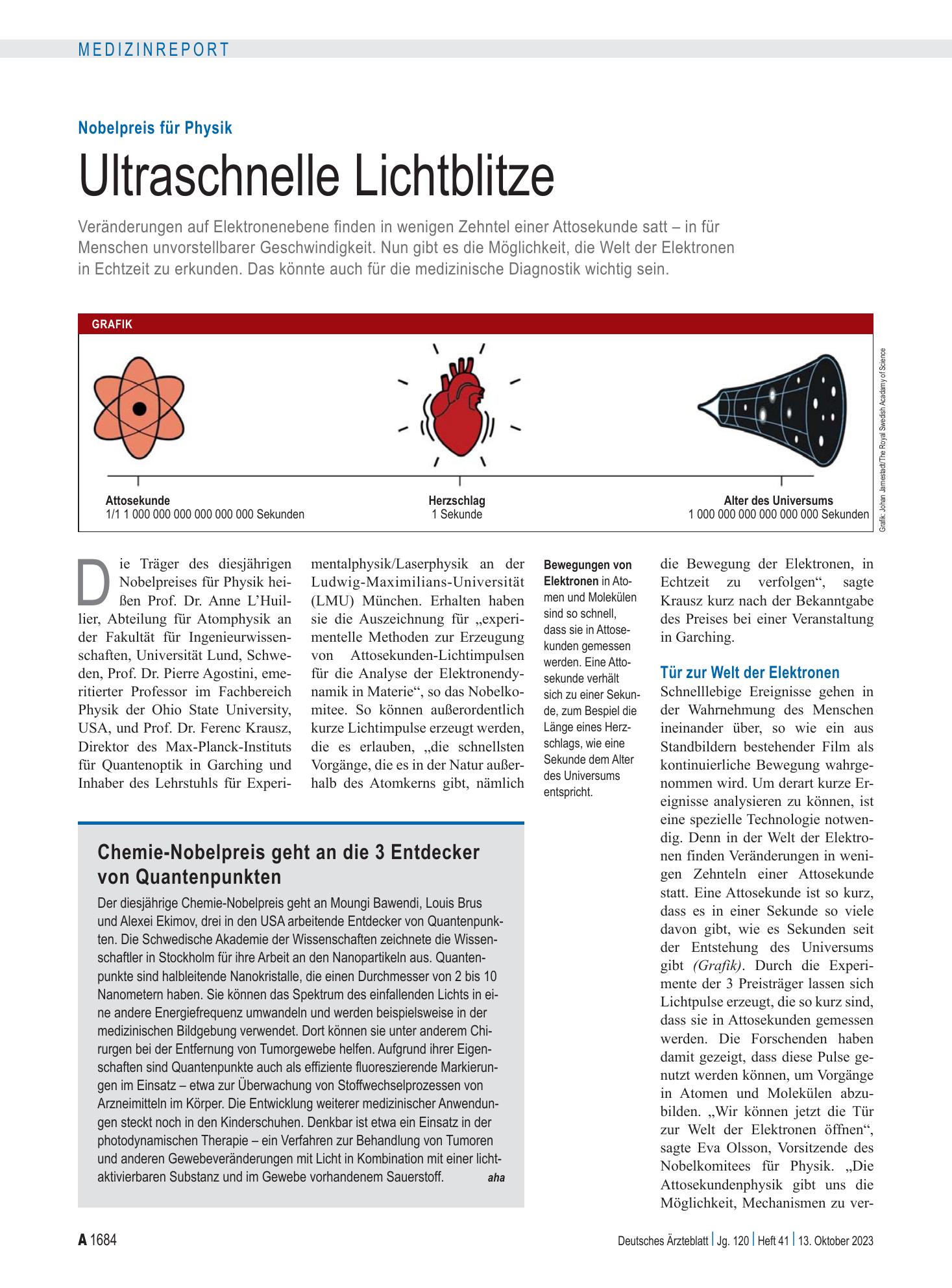 Vorschauseite 1: Nobelpreis für Physik: Ultraschnelle Lichtblitze – Deutsches Ärzteblatt