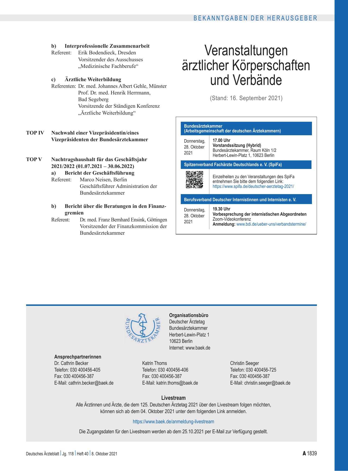 Vorschauseite 1: Veranstaltungen ärztlicher Körperschaften und Verbände – Deutsches Ärzteblatt