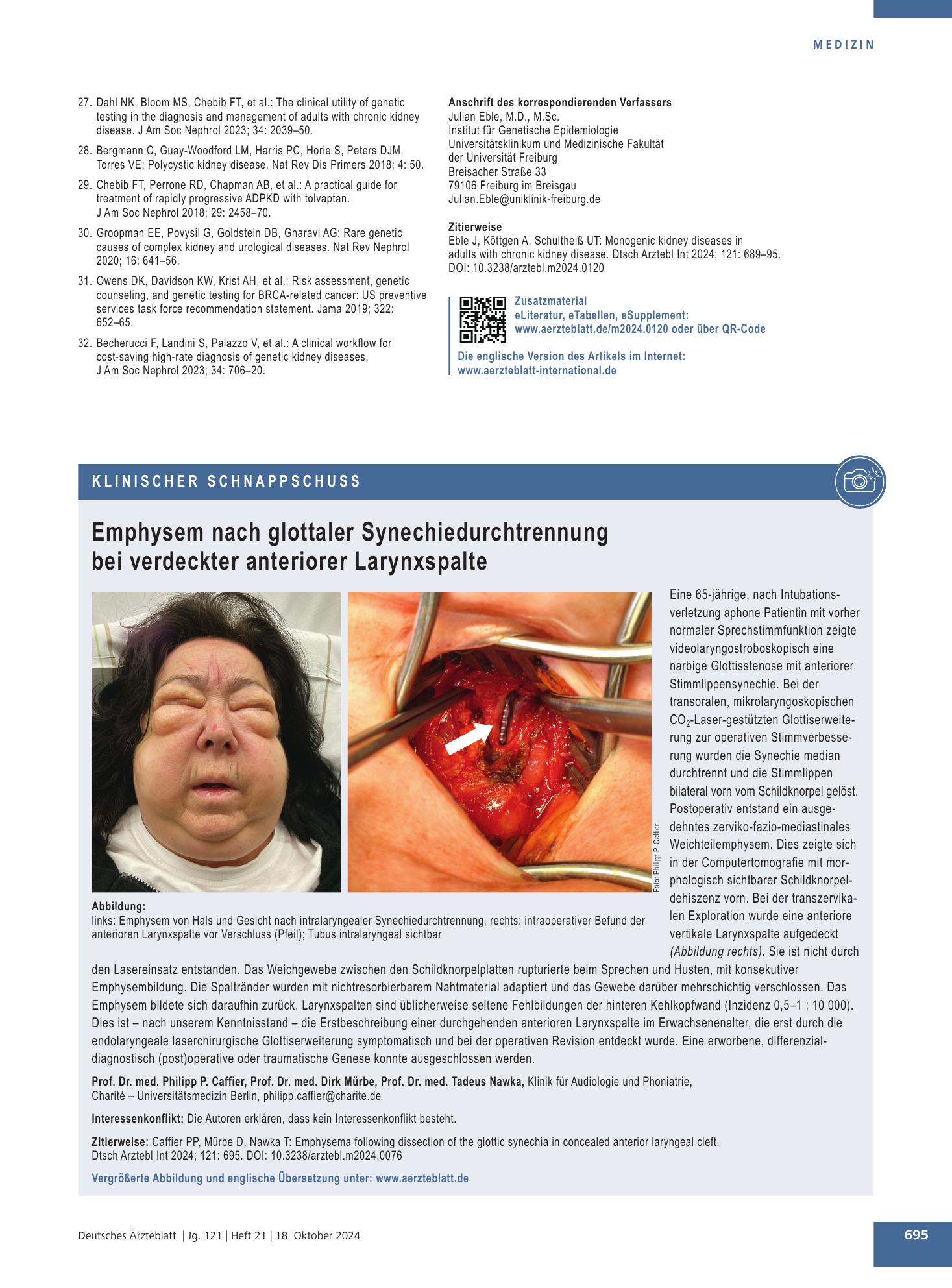 Vorschauseite 1: Emphysem nach glottaler Synechiedurchtrennung bei verdeckter anteriorer Larynxspalte – Deutsches Ärzteblatt