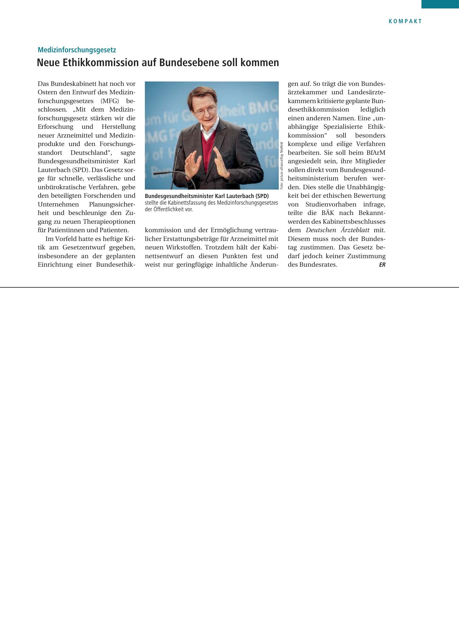Vorschauseite 1: Medizinforschungsgesetz: Neue Ethikkommission auf Bundesebene soll kommen – Deutsches Ärzteblatt