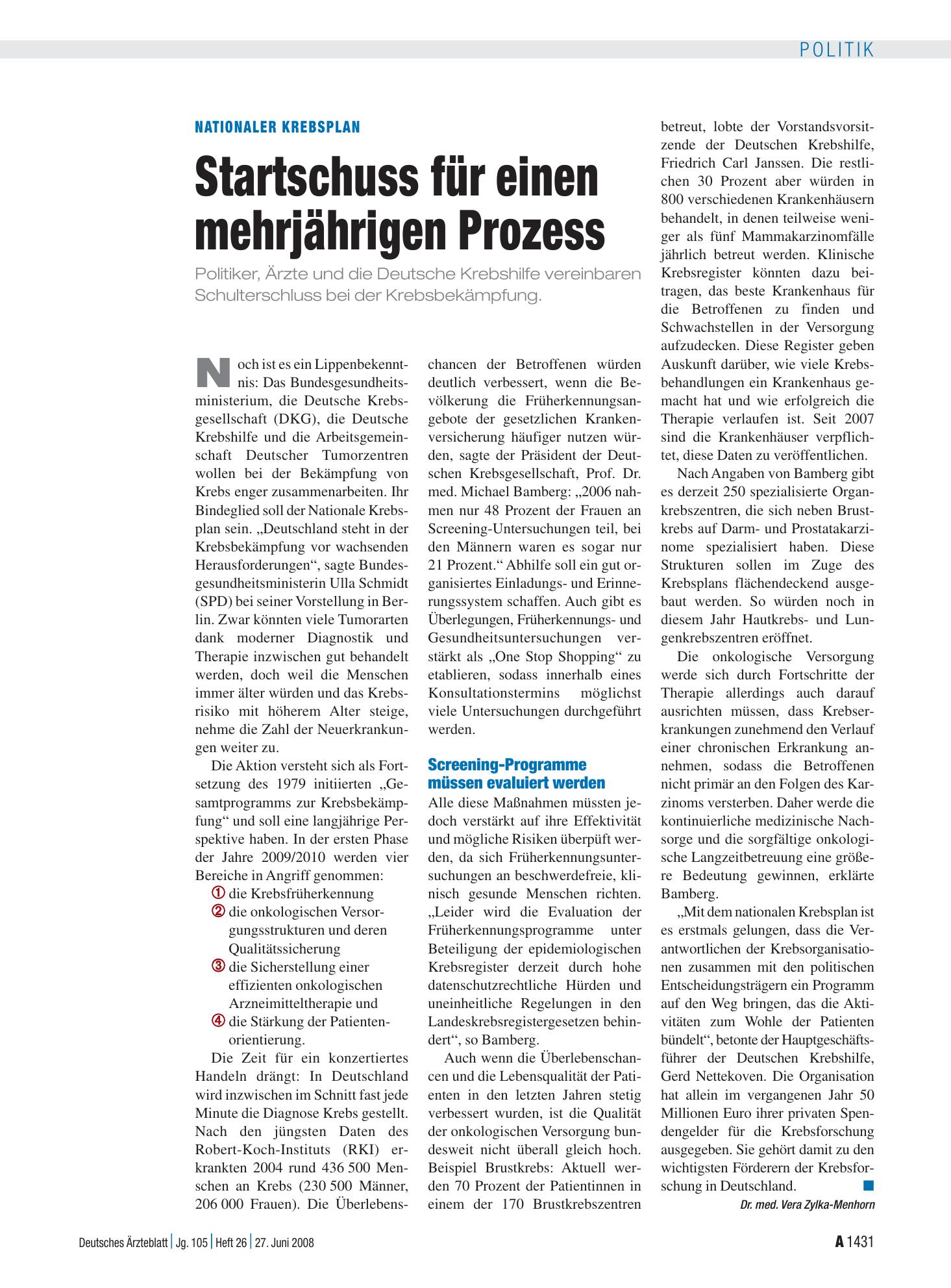 Vorschauseite 1: Nationaler Krebsplan: Startschuss für einen mehrjährigen Prozess – Deutsches Ärzteblatt