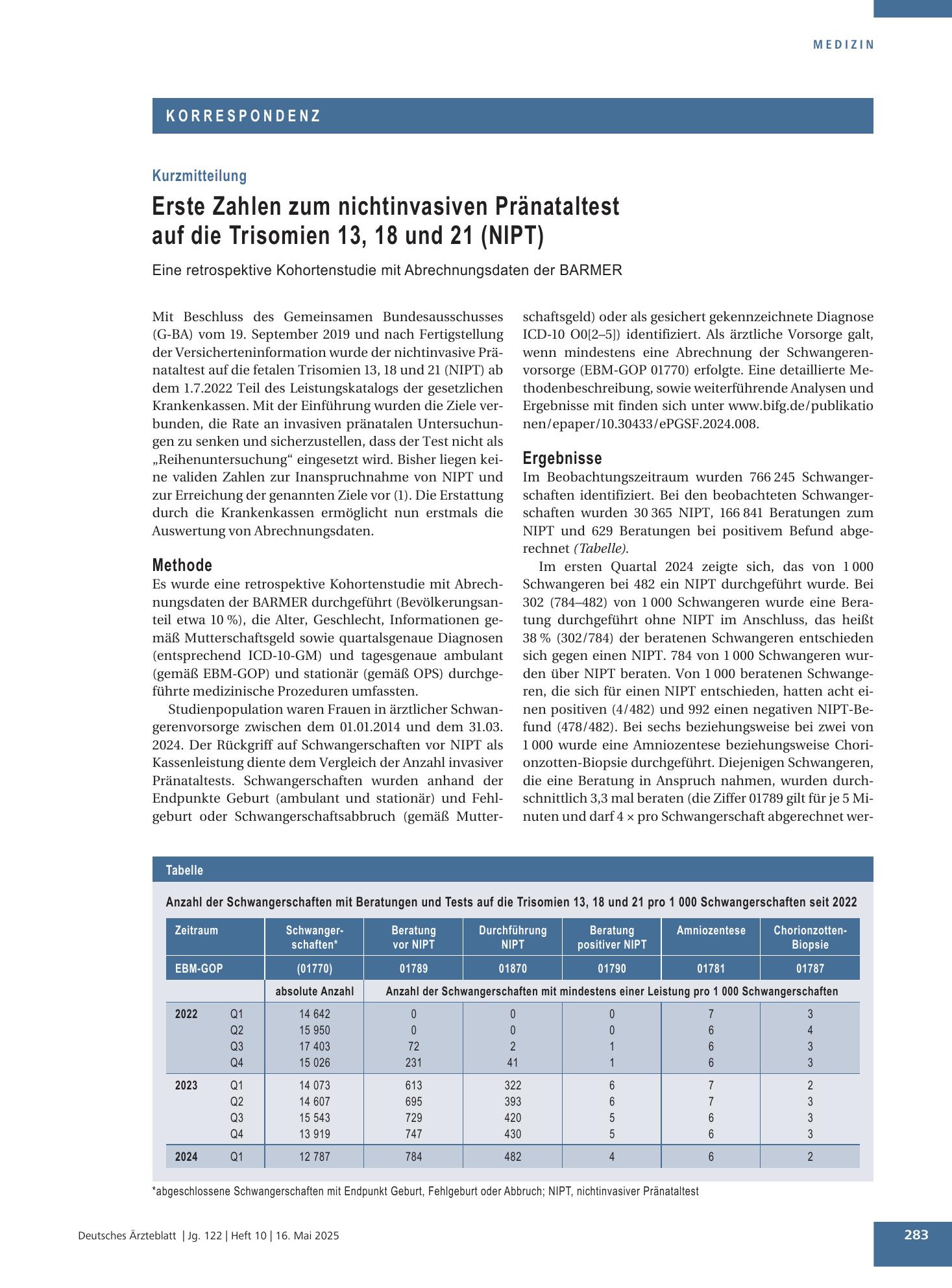Vorschauseite 1: Erste Zahlen zum nichtinvasiven Pränataltest auf die Trisomien 13, 18 und 21 (NIPT) – Deutsches Ärzteblatt