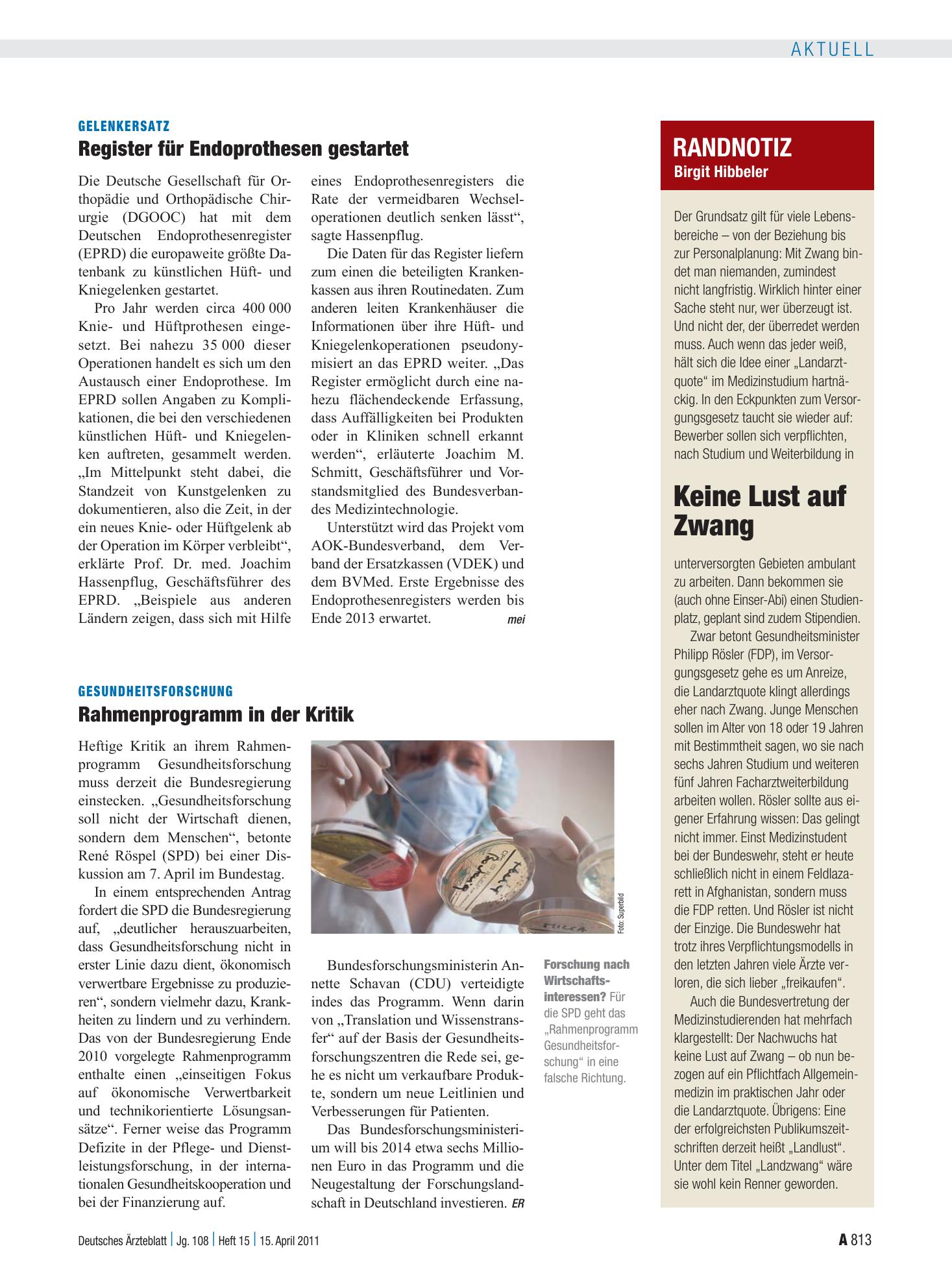 Vorschauseite 1: Gesundheitsforschung: Rahmenprogramm in der Kritik – Deutsches Ärzteblatt