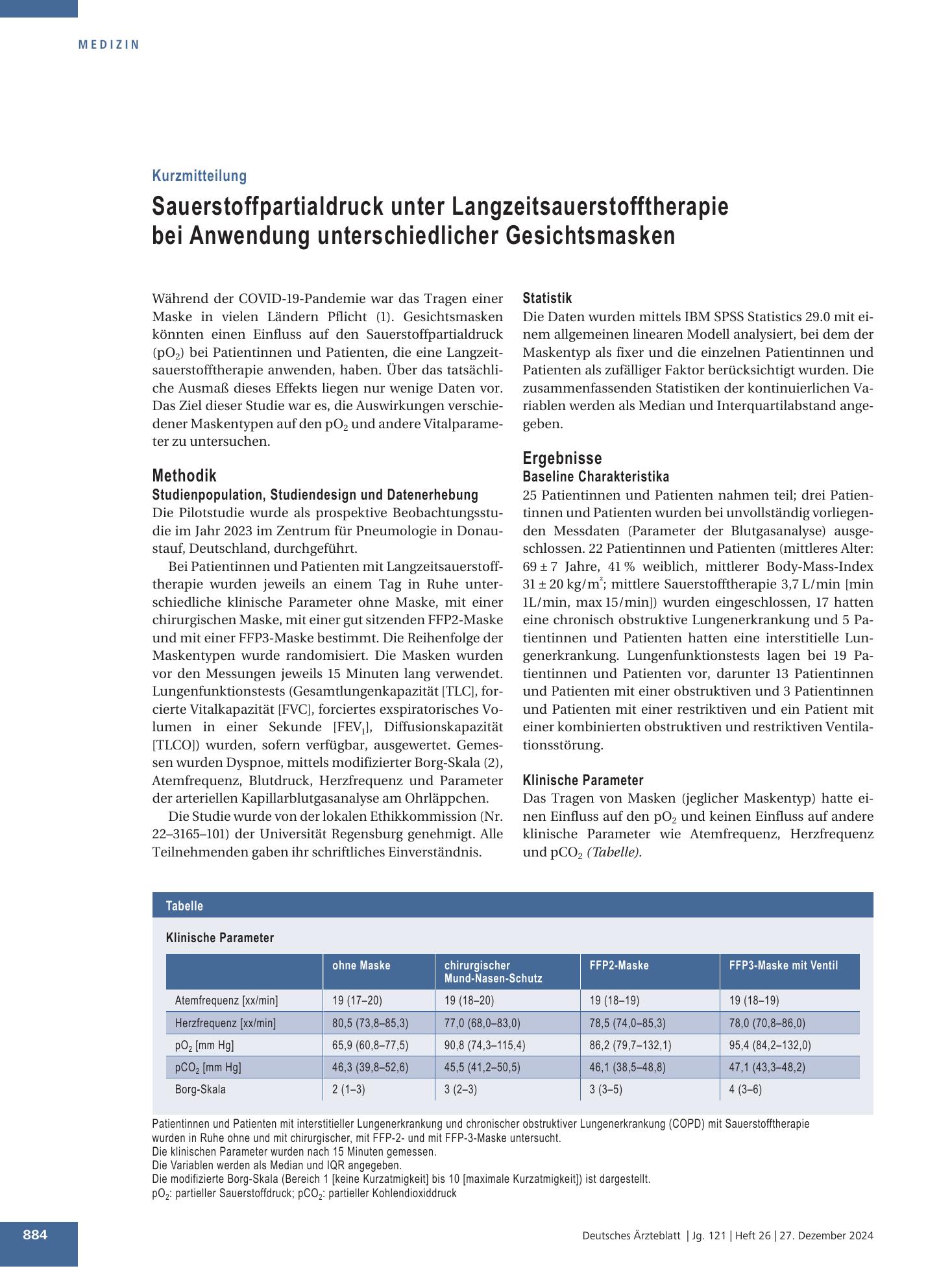 Vorschauseite 1: Sauerstoffpartialdruck unter Langzeitsauerstofftherapie bei Anwendung unterschiedlicher Gesichtsmasken – Deutsches Ärzteblatt