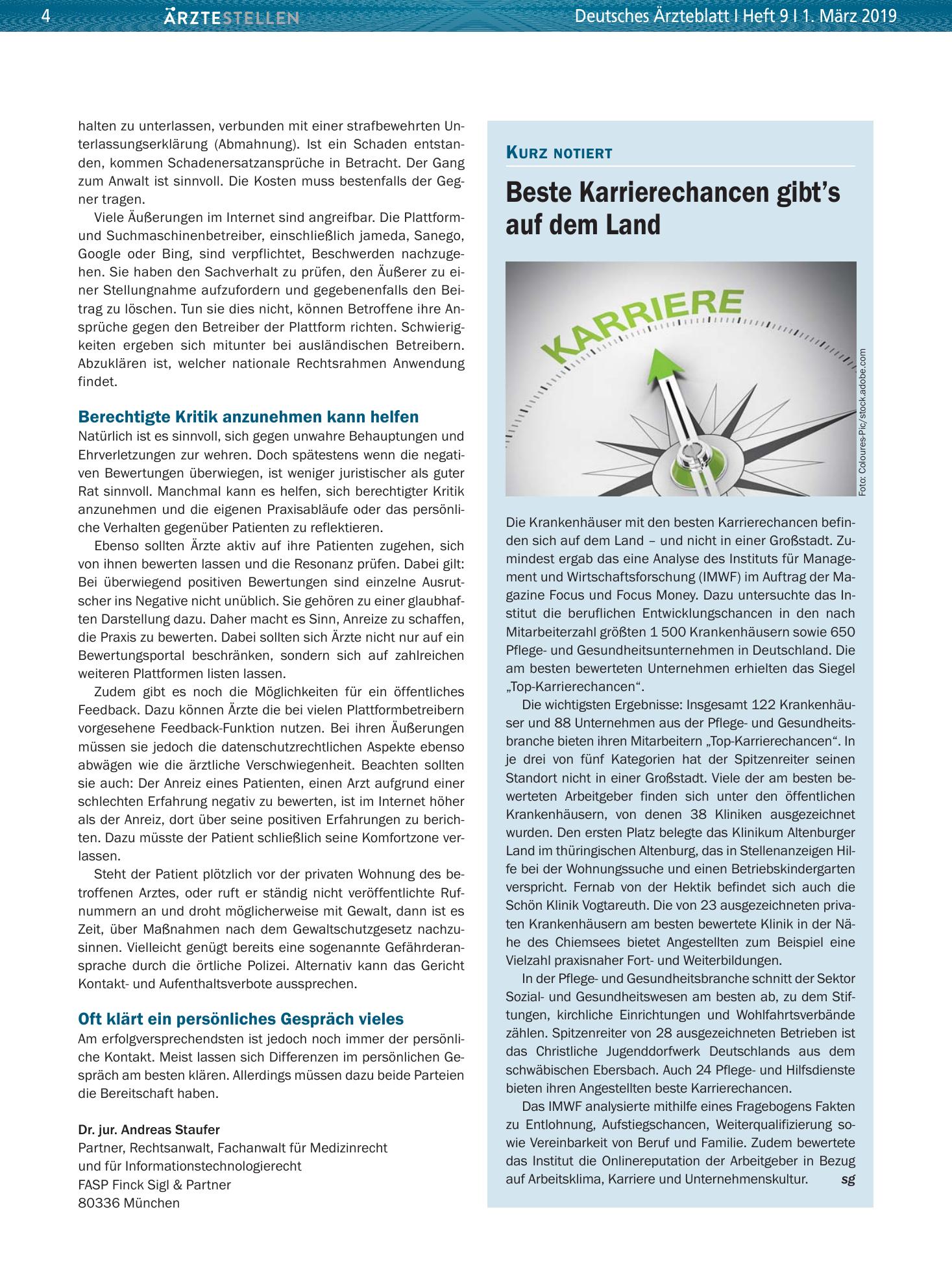 Vorschauseite 1: Beste Karrierechancen gibt’s auf dem Land – Deutsches Ärzteblatt