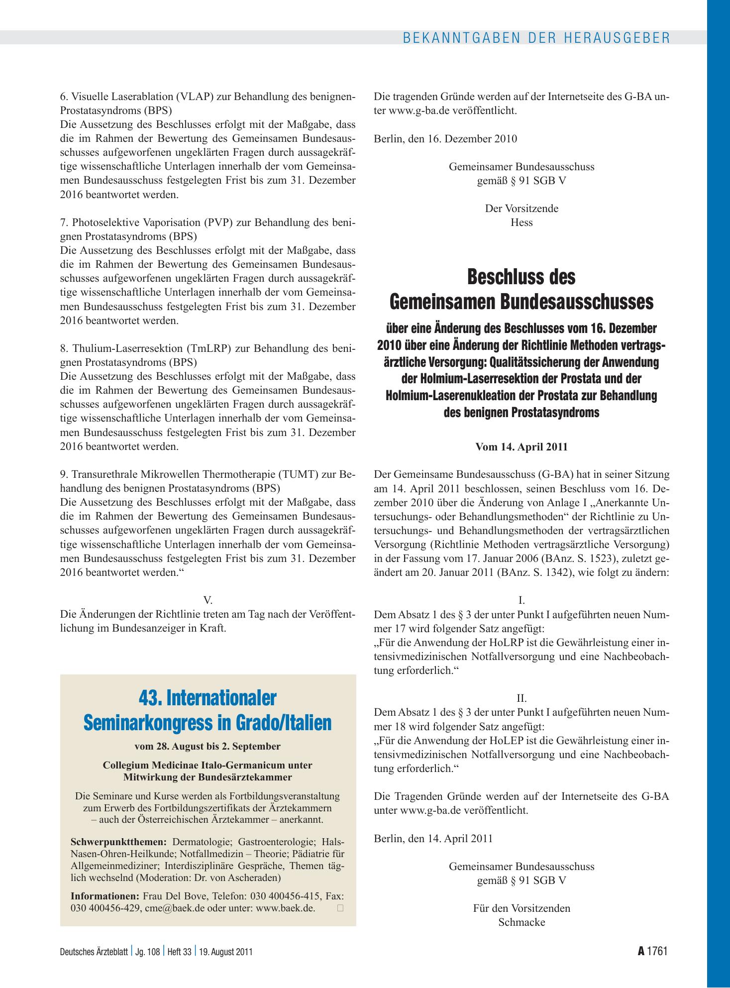 Vorschauseite 1: 43. Internationaler Seminarkongress in Grado/Italien – Deutsches Ärzteblatt