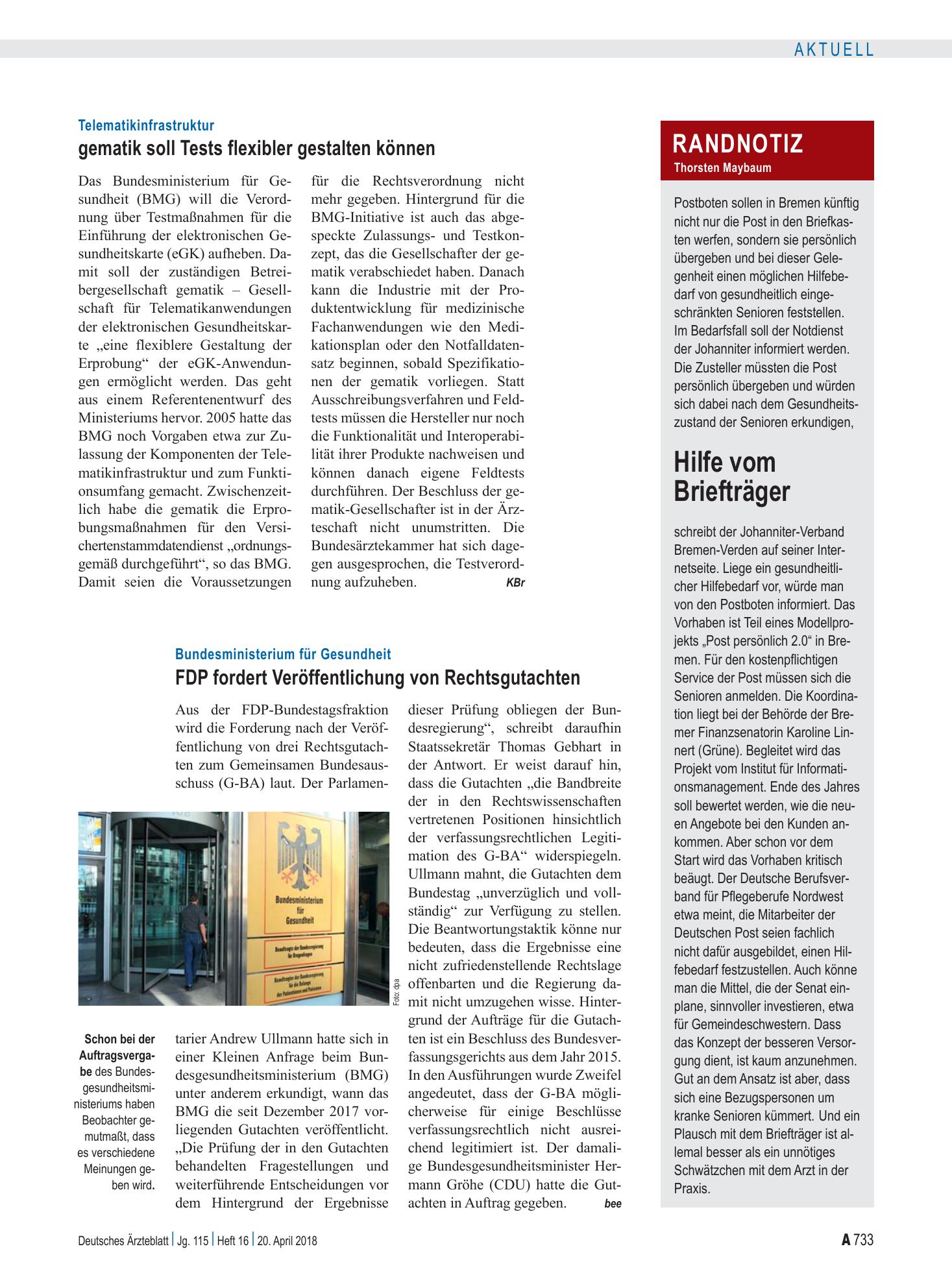 Vorschauseite 1: Randnotiz: Hilfe vom Briefträger – Deutsches Ärzteblatt