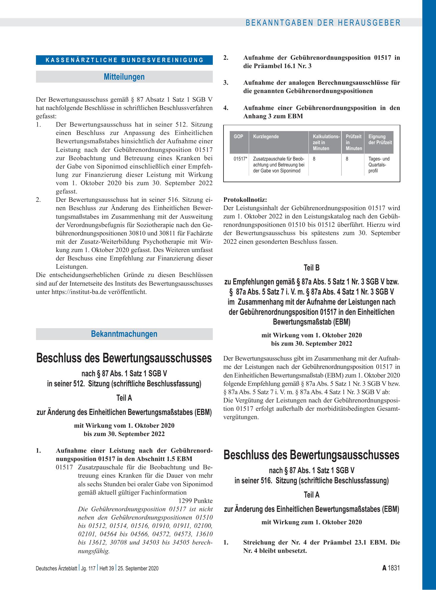Vorschauseite 1: Beschluss des Bewertungsausschusses nach § 87 Abs. 1 Satz 1 SGB V in seiner 512. Sitzung (schriftliche Beschlussfassung) – Deutsches Ärzteblatt