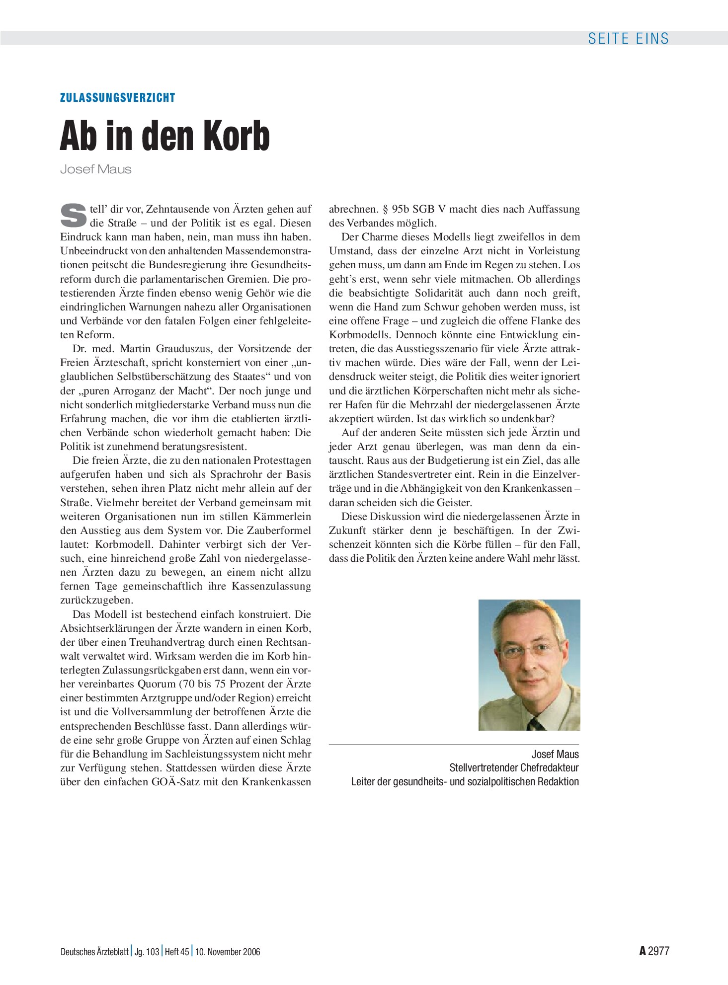 Vorschauseite 1: Zulassungsverzicht: Ab in den Korb – Deutsches Ärzteblatt