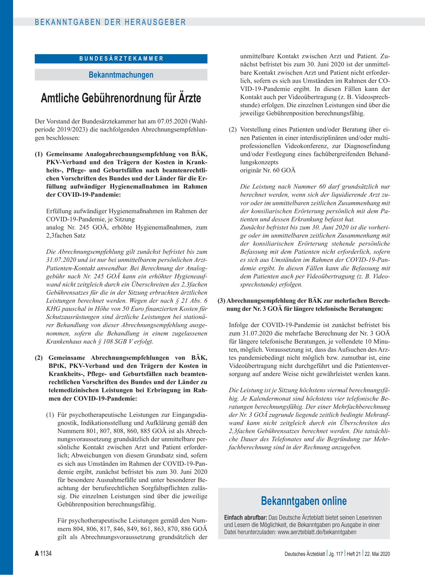 Vorschauseite 1: Bekanntgaben online – Deutsches Ärzteblatt