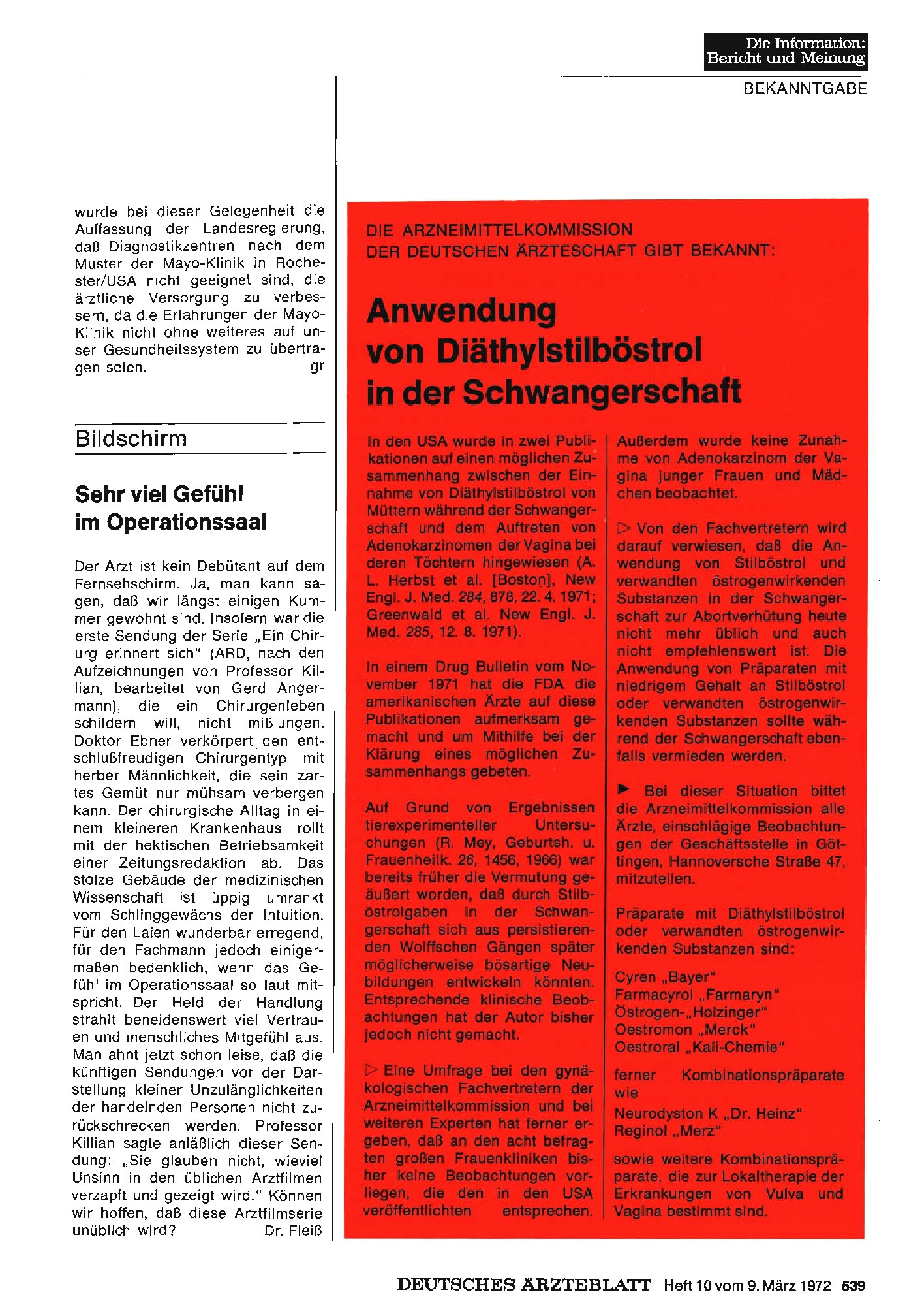 Vorschauseite 1: DIE ARZNEIMITTELKOMMISSION DER DEUTSCHEN ÄRZTESCHAFT GIBT BEKANNT: Anwendung von Diäthylstilböstrol in der Schwangerschaft