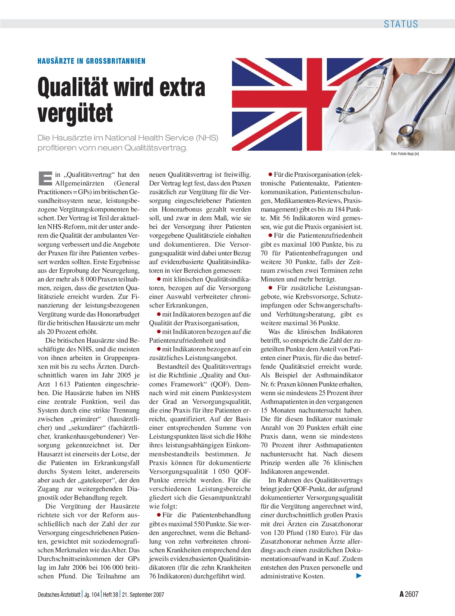 Vorschauseite 1: Hausärzte in Grossbritannien: Qualität wird extra vergütet – Deutsches Ärzteblatt