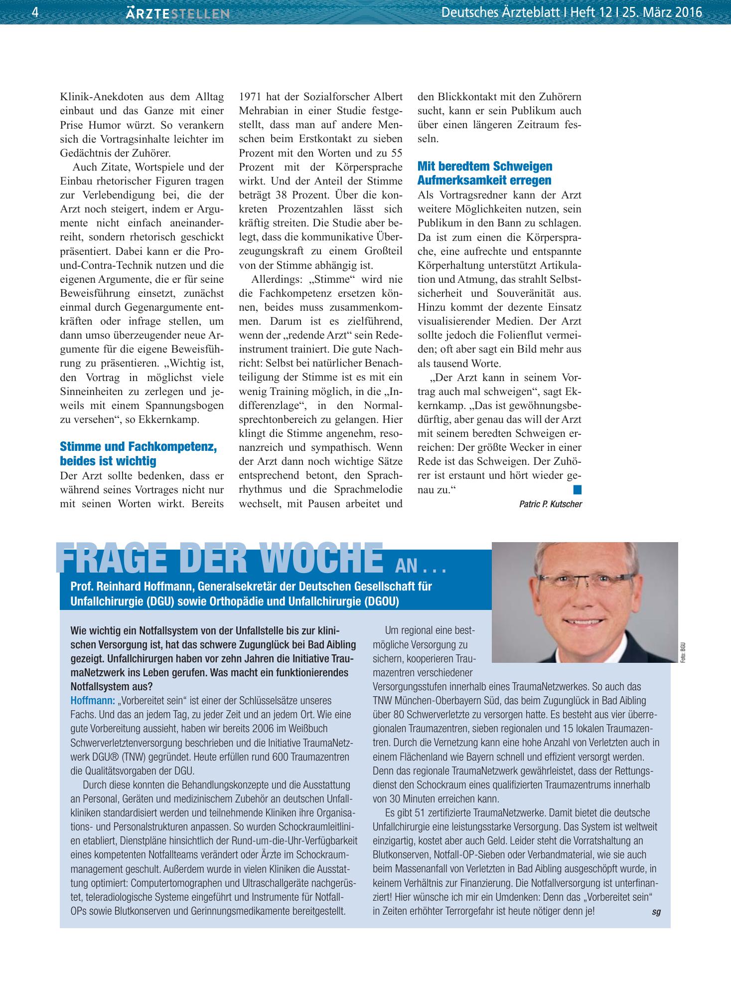 Vorschauseite 1: Frage der Woche an . . . Prof. Reinhard Hoffmann, Generalsekretär der Deutschen Gesellschaft für Unfallchirurgie (DGU) sowie Orthopädie und Unfallchirurgie (DGOU) – Deutsches Ärzt…