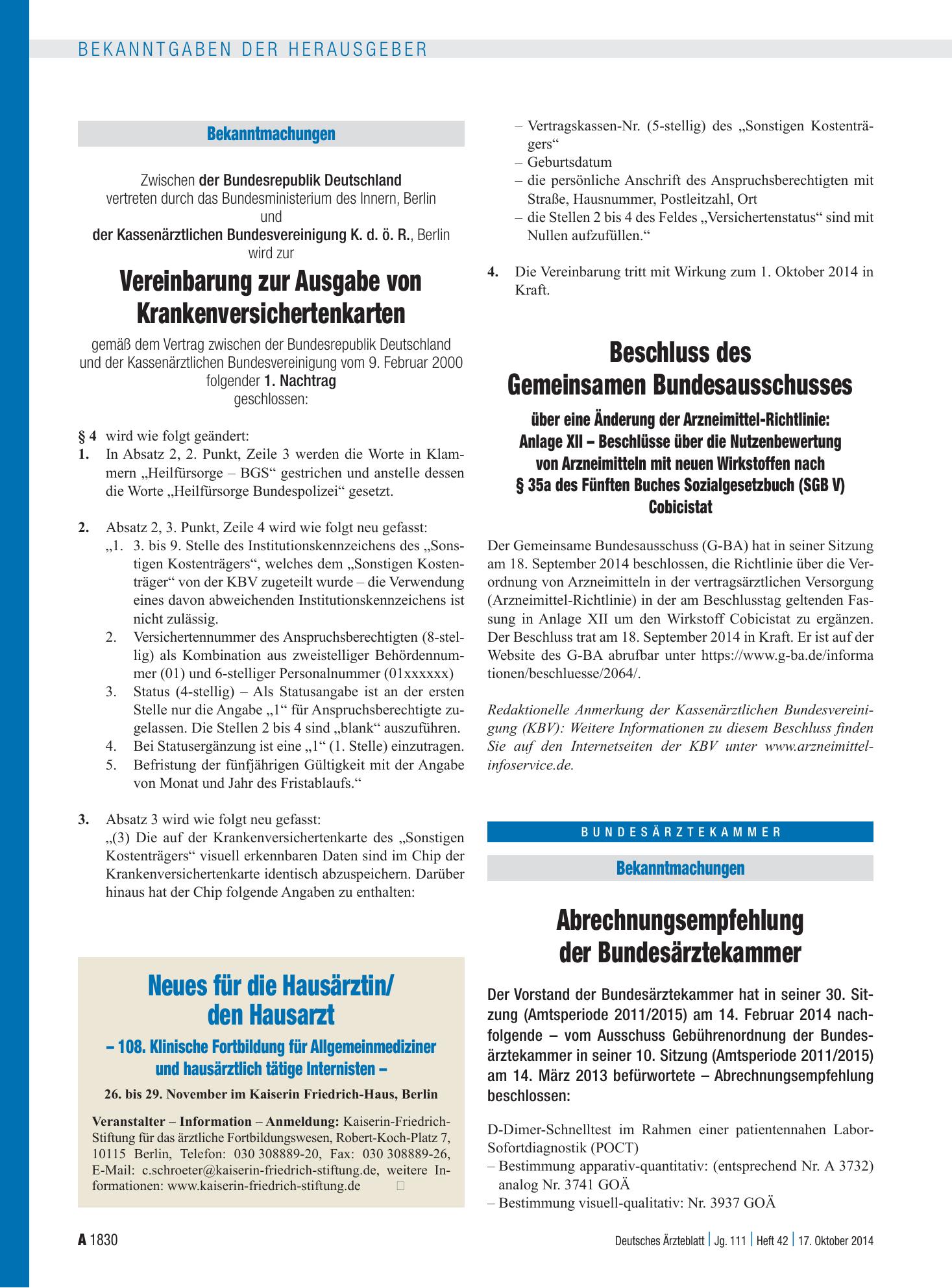 Vorschauseite 1: Abrechnungsempfehlung der Bundesärztekammer – Deutsches Ärzteblatt