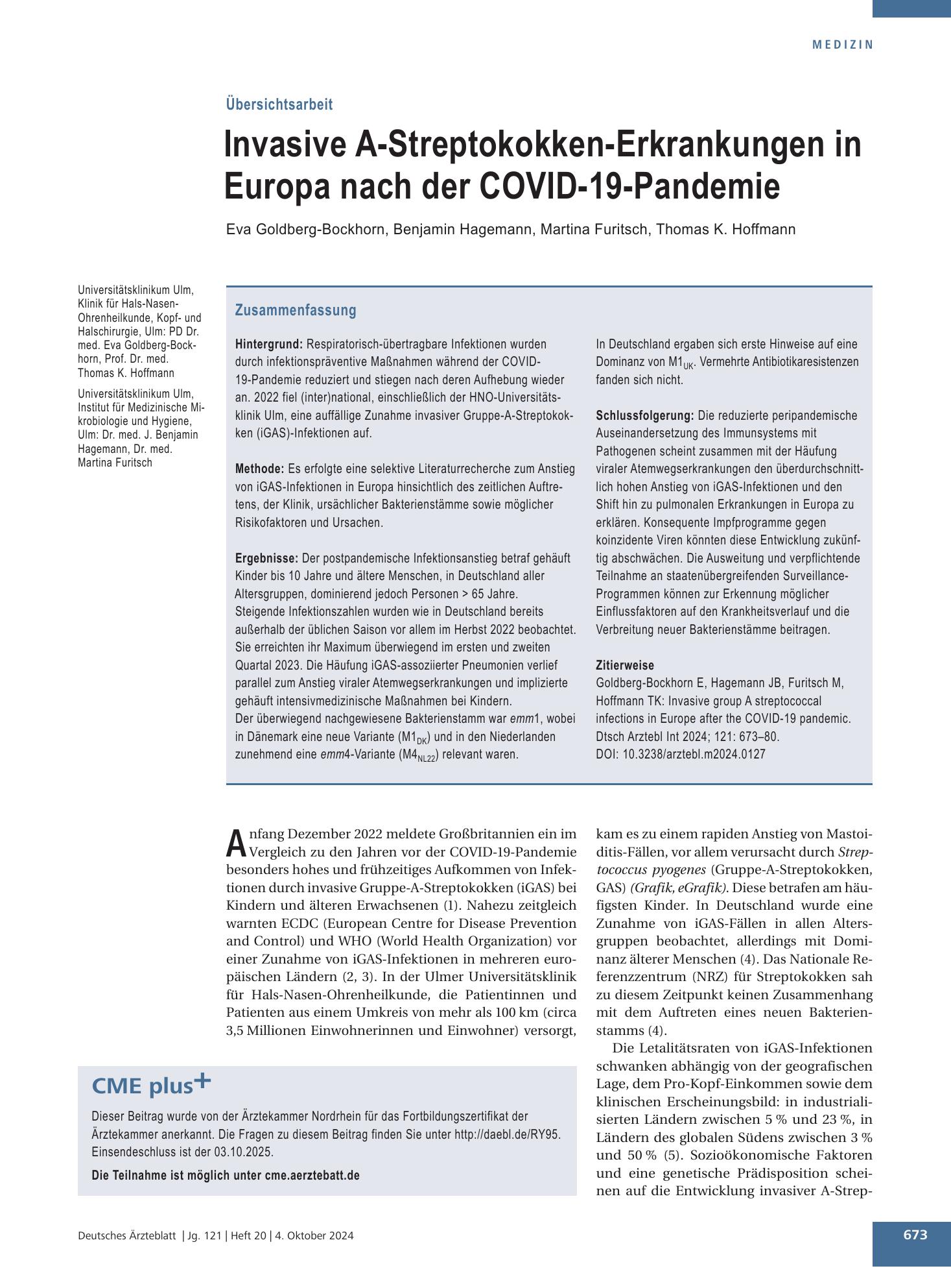 Vorschauseite 1: Invasive A-Streptokokken-Erkrankungen in Europa nach der COVID-19-Pandemie – Deutsches Ärzteblatt