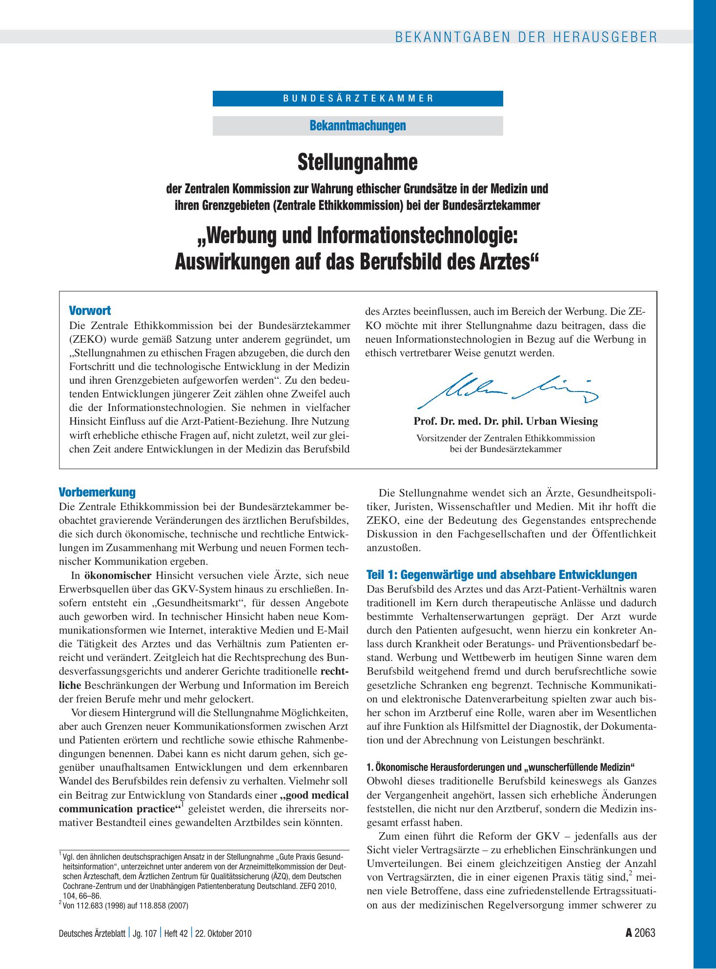 Vorschauseite 1: Stellungnahme der Zentralen Kommission zur Wahrung ethischer Grundsätze in der Medizin und ihren Grenzgebieten (Zentrale Ethikkommission) bei der Bundesärztekammer: „Werbung und I…