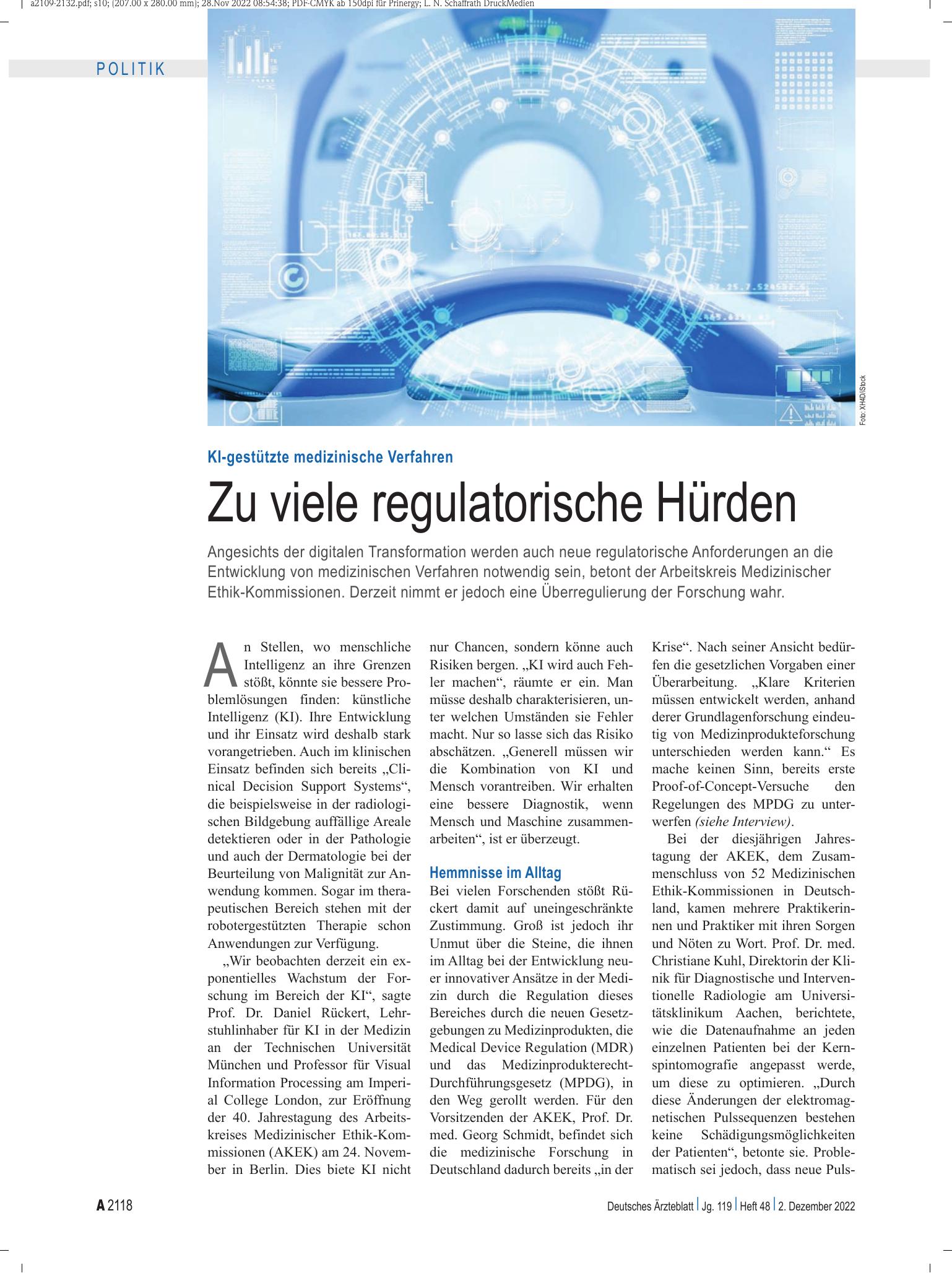 Vorschauseite 1: KI-gestützte medizinische Verfahren: Zu viele regulatorische Hürden – Deutsches Ärzteblatt