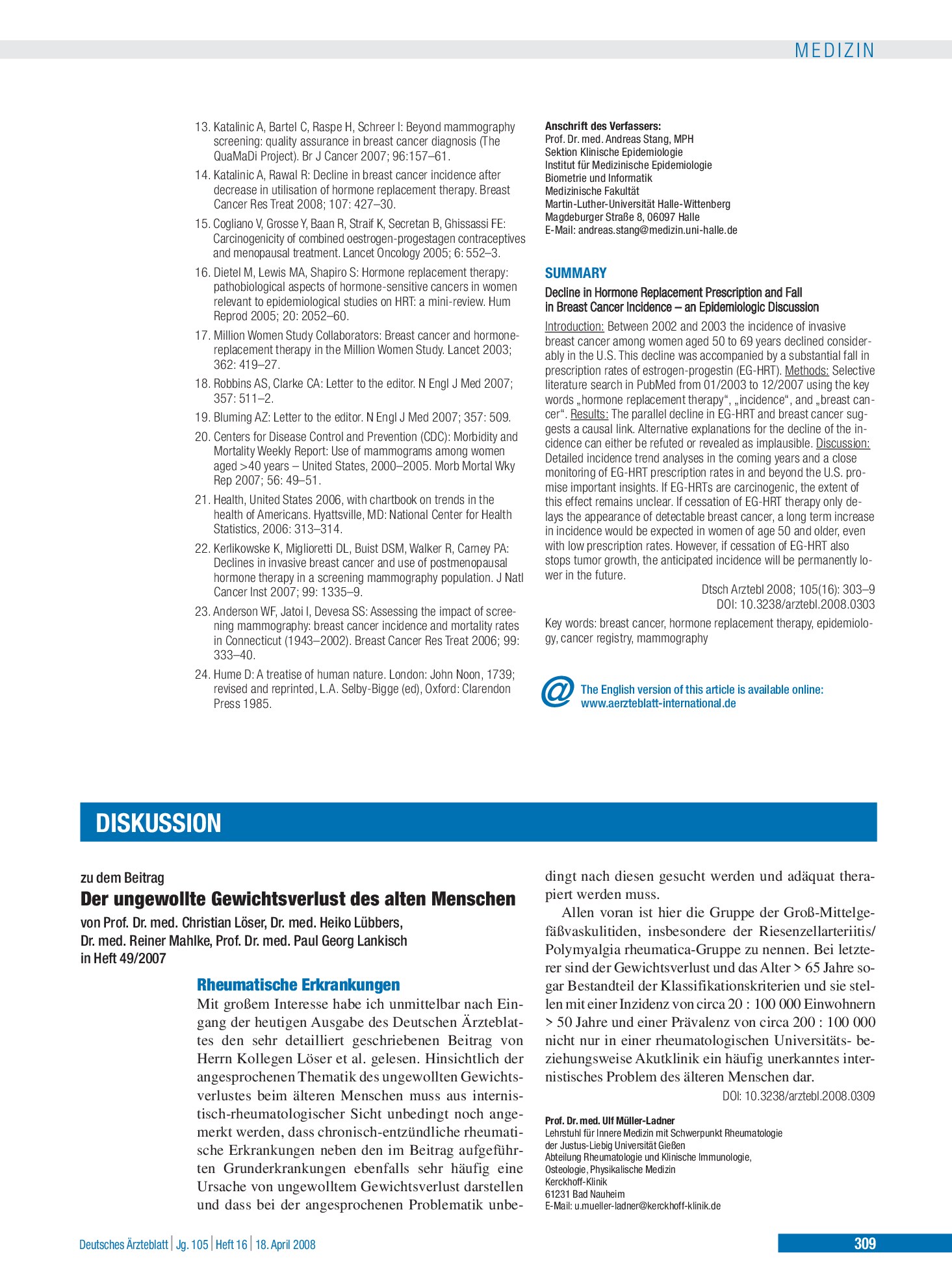 Vorschauseite 1: Der ungewollte Gewichtsverlust des alten Menschen: Rheumatische Erkrankungen – Deutsches Ärzteblatt