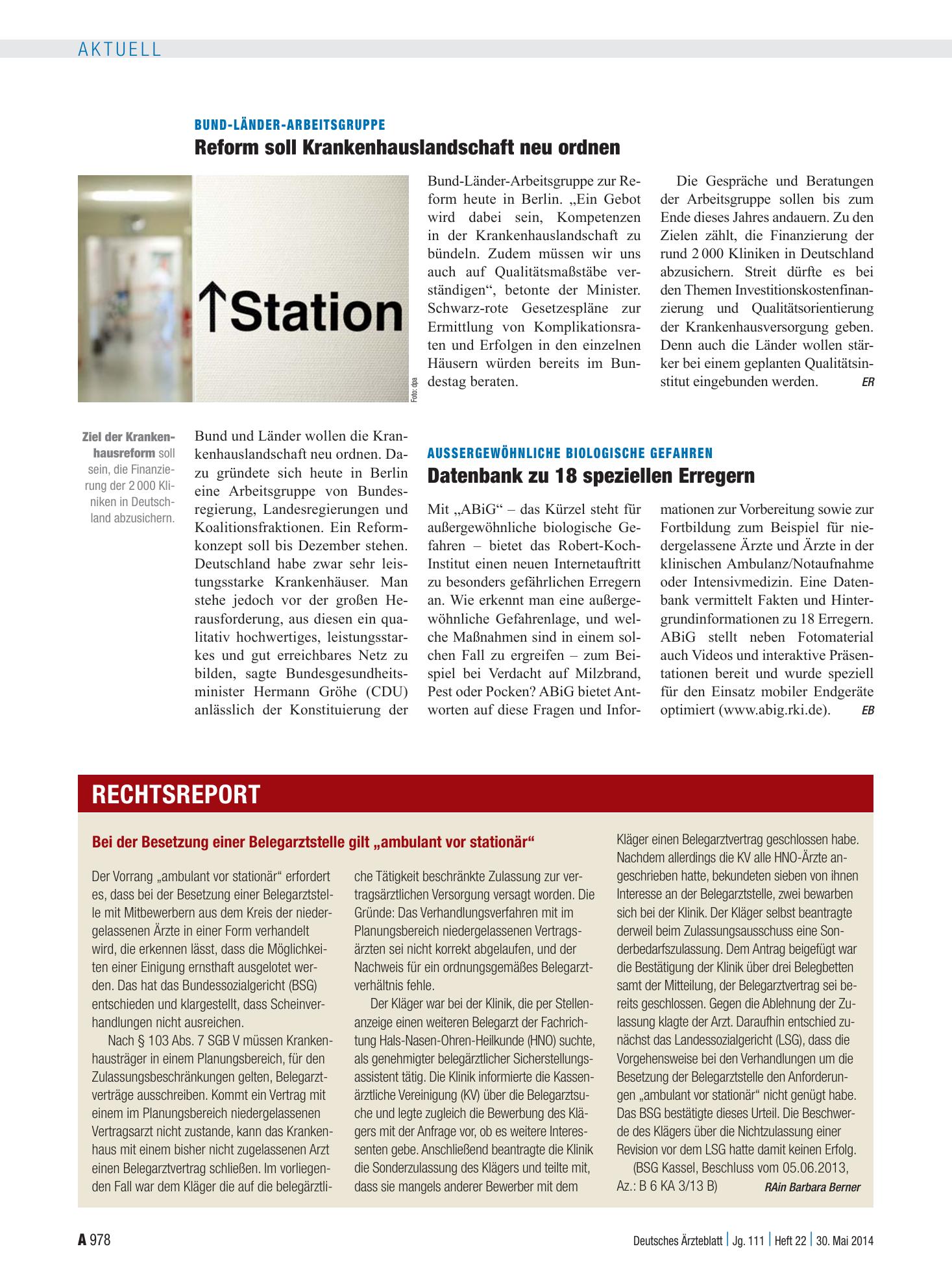 Vorschauseite 1: Bei der Besetzung einer Belegarztstelle gilt „ambulant vor stationär“ – Deutsches Ärzteblatt