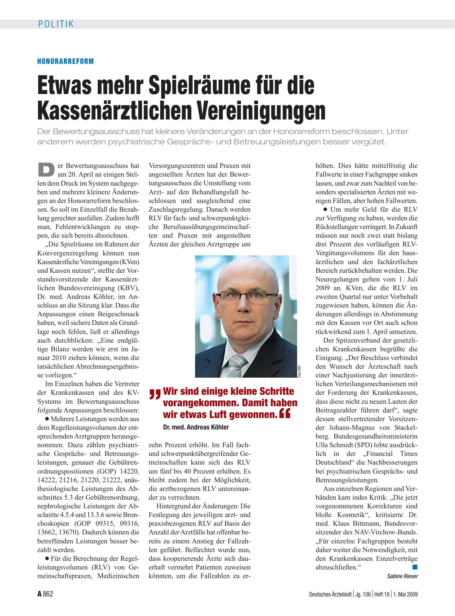 Vorschauseite 1: Honorarreform: Etwas mehr Spielräume für die Kassenärztlichen Vereinigungen – Deutsches Ärzteblatt