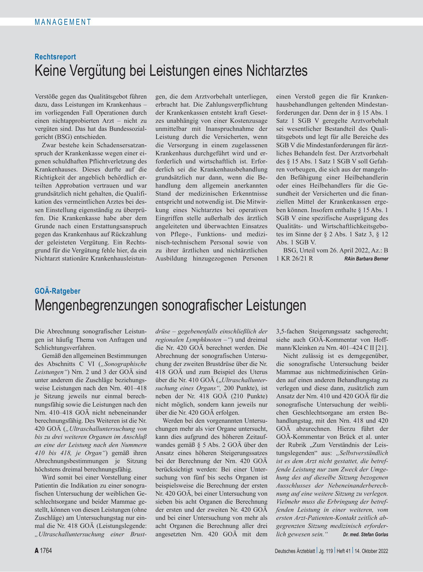 Vorschauseite 1: GOÄ-Ratgeber: Mengenbegrenzungen sonografischer Leistungen – Deutsches Ärzteblatt