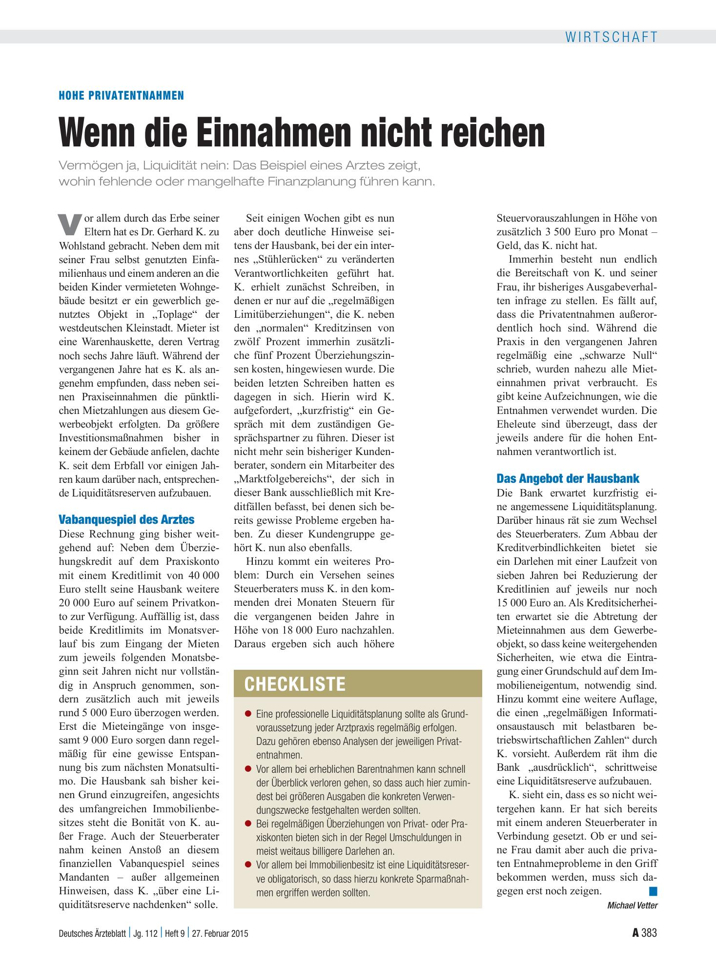 Vorschauseite 1: Hohe Privatentnahmen: Wenn die Einnahmen nicht reichen – Deutsches Ärzteblatt