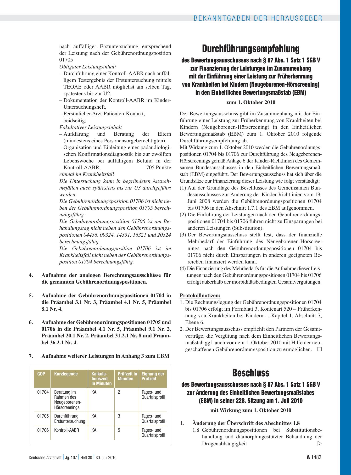 Vorschauseite 1: Beschluss des Bewertungsausschusses nach § 87 Abs. 1 Satz 1 SGB V zur Änderung des Einheitlichen Bewertungsmaßstabes (EBM) in seiner 228. Sitzung am 1. Juli 2010 – Deutsches Ärzte…