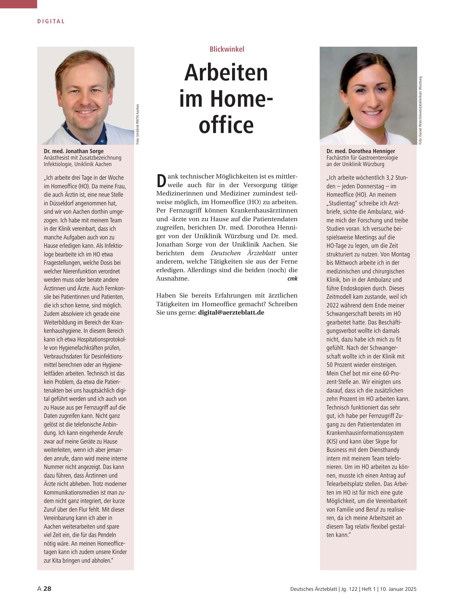 Vorschauseite 1: Blickwinkel: Arbeiten im Homeoffice – Deutsches Ärzteblatt