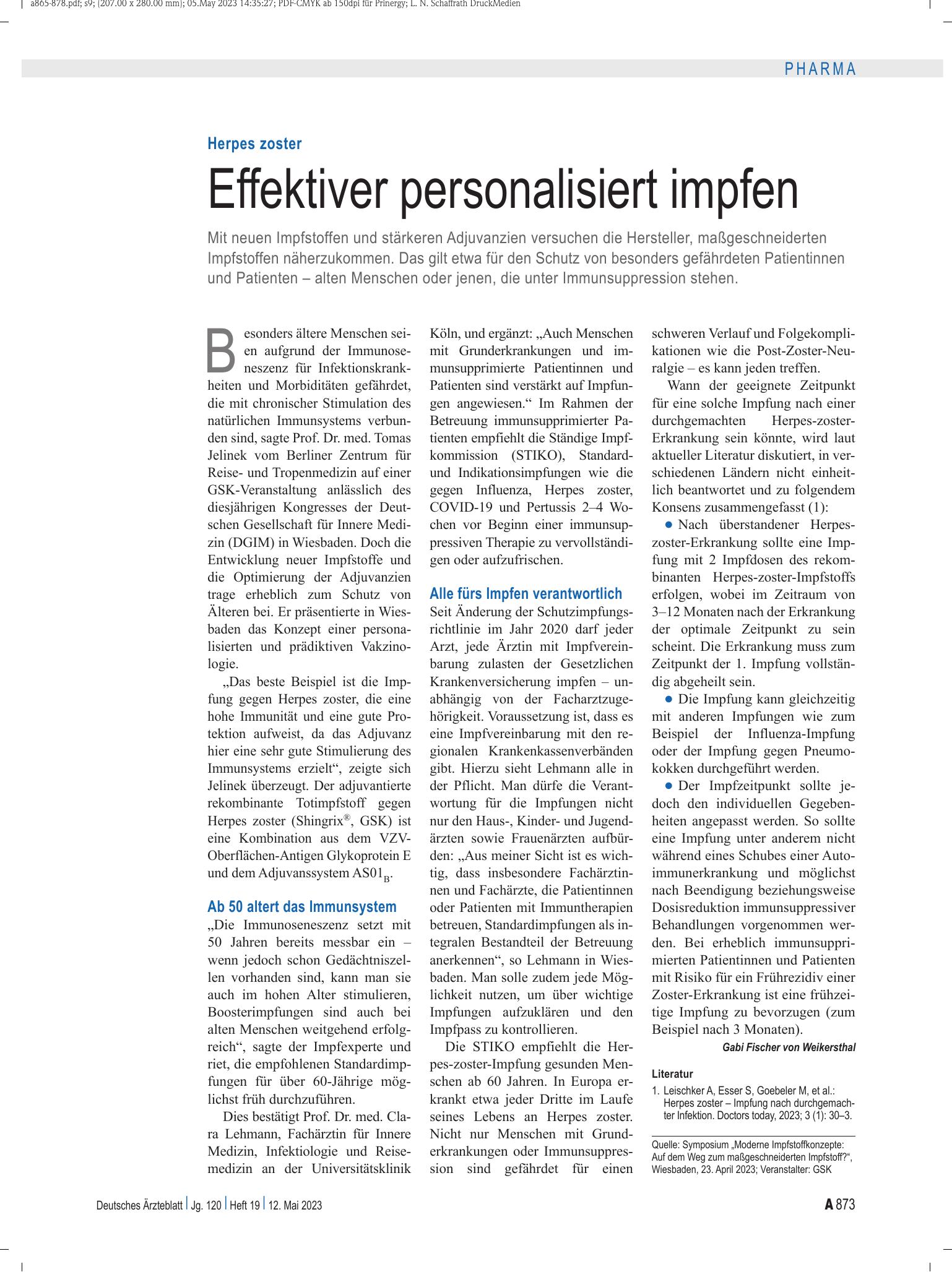 Vorschauseite 1: Herpes zoster: Effektiver personalisiert impfen – Deutsches Ärzteblatt