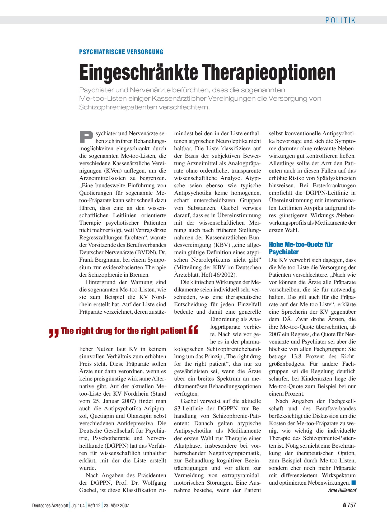Vorschauseite 1: Psychiatrische Versorgung: Eingeschränkte Therapieoptionen – Deutsches Ärzteblatt